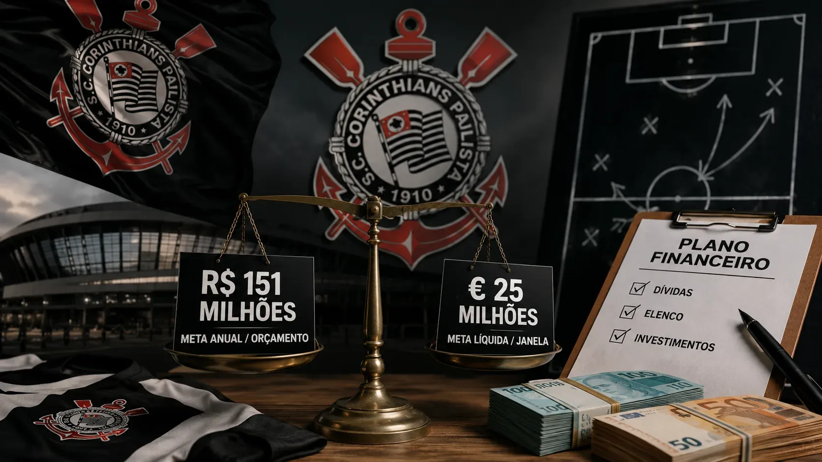 Balança de metal com placas de R$ 151 milhões e €25 milhões, cercada por escudos do Corinthians, estádio, prancheta financeira e pilhas de cédulas.