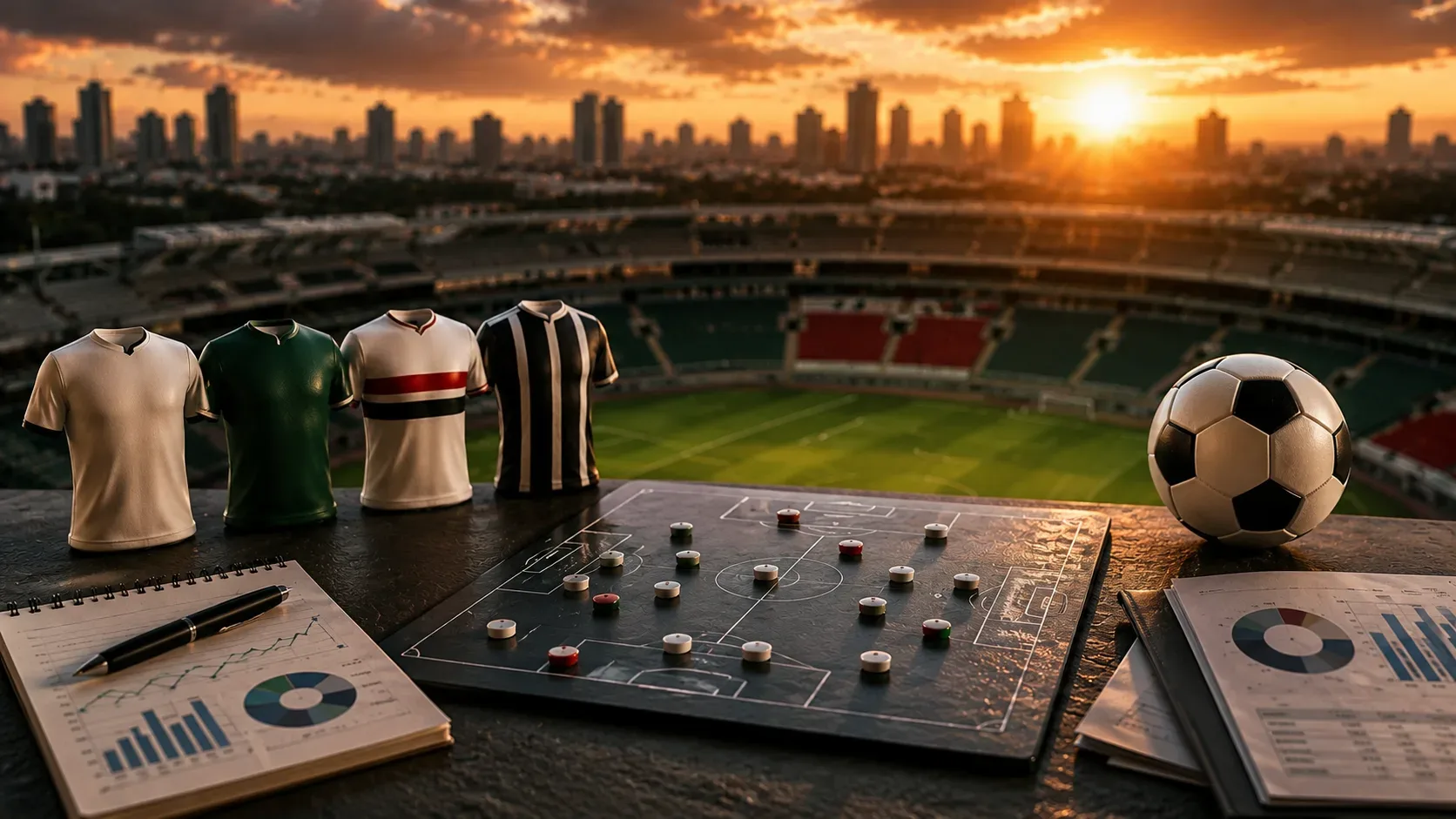 Ilustração editorial sobre a gestão do Brasileirão com quatro referências visuais neutras aos grandes clubes paulistas, sem escudos ou logotipos.