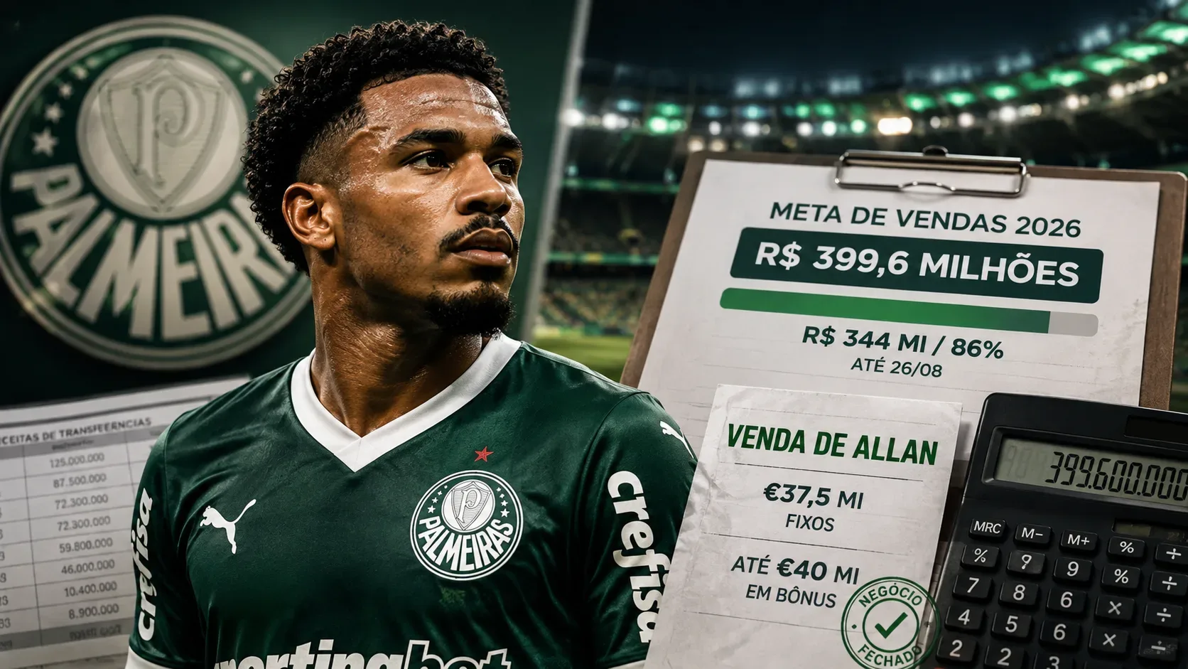 Jogador em uniforme verde diante de um estádio, com prancheta mostrando a meta de vendas de 2026, valores da transferência de Allan e uma calculadora ao lado.