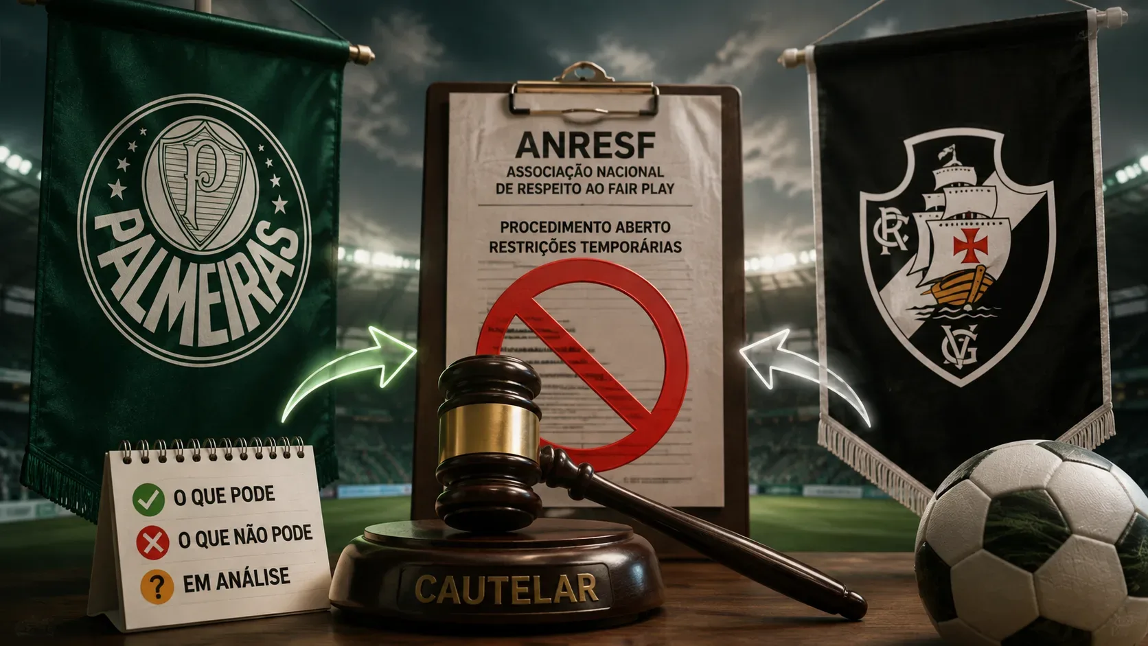 Bandeiras de Palmeiras e Vasco em um estádio diante de um documento da ANRESF, símbolo de proibição, martelo de cautelar e bola de futebol.