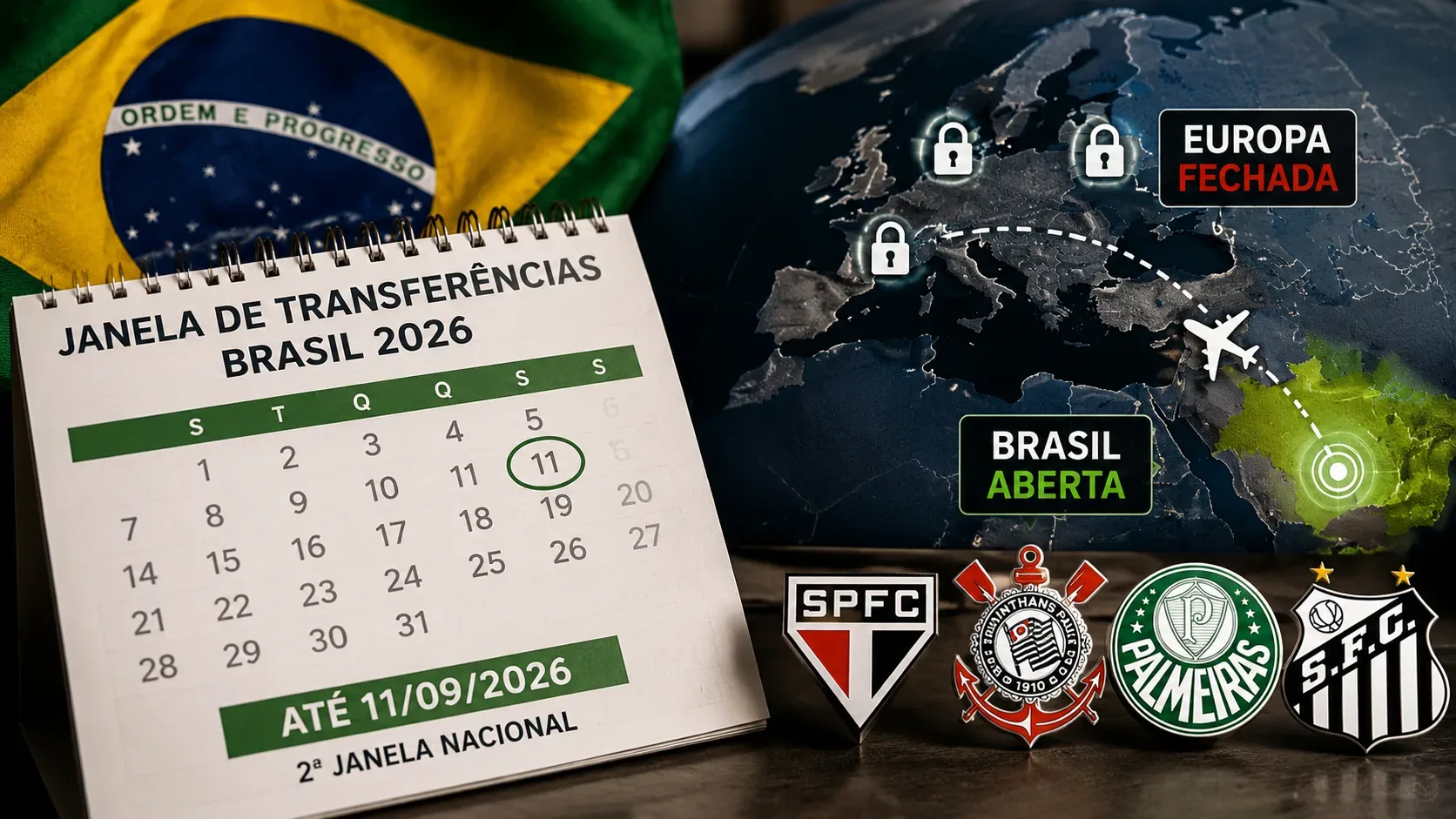 Calendário marcado em 11 de setembro diante de mapa da Europa e do Brasil, com os escudos de São Paulo, Corinthians, Palmeiras e Santos.