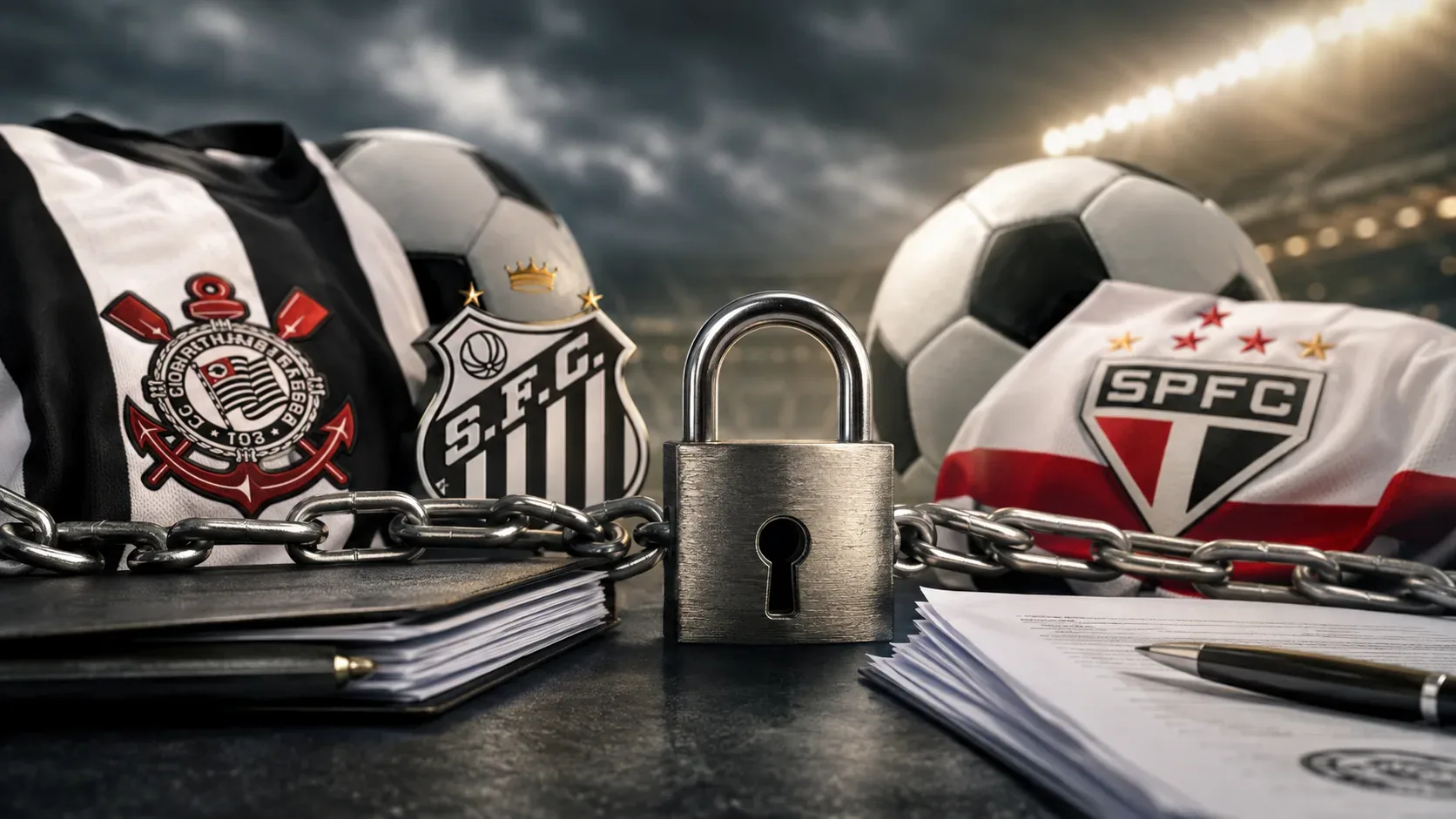 Documentos de registro de jogadores ao lado de um cadeado, em composição editorial que representa restrições no mercado da bola