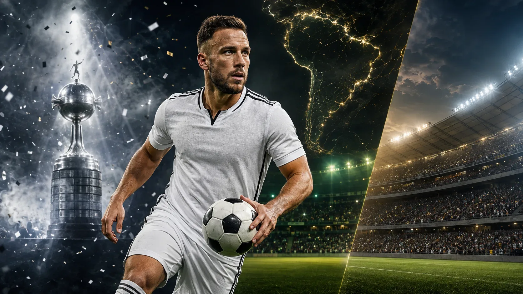 Volante de uniforme branco controla uma bola em estádio noturno, com troféu prateado, mapa luminoso da América do Sul e arquibancadas ao fundo.