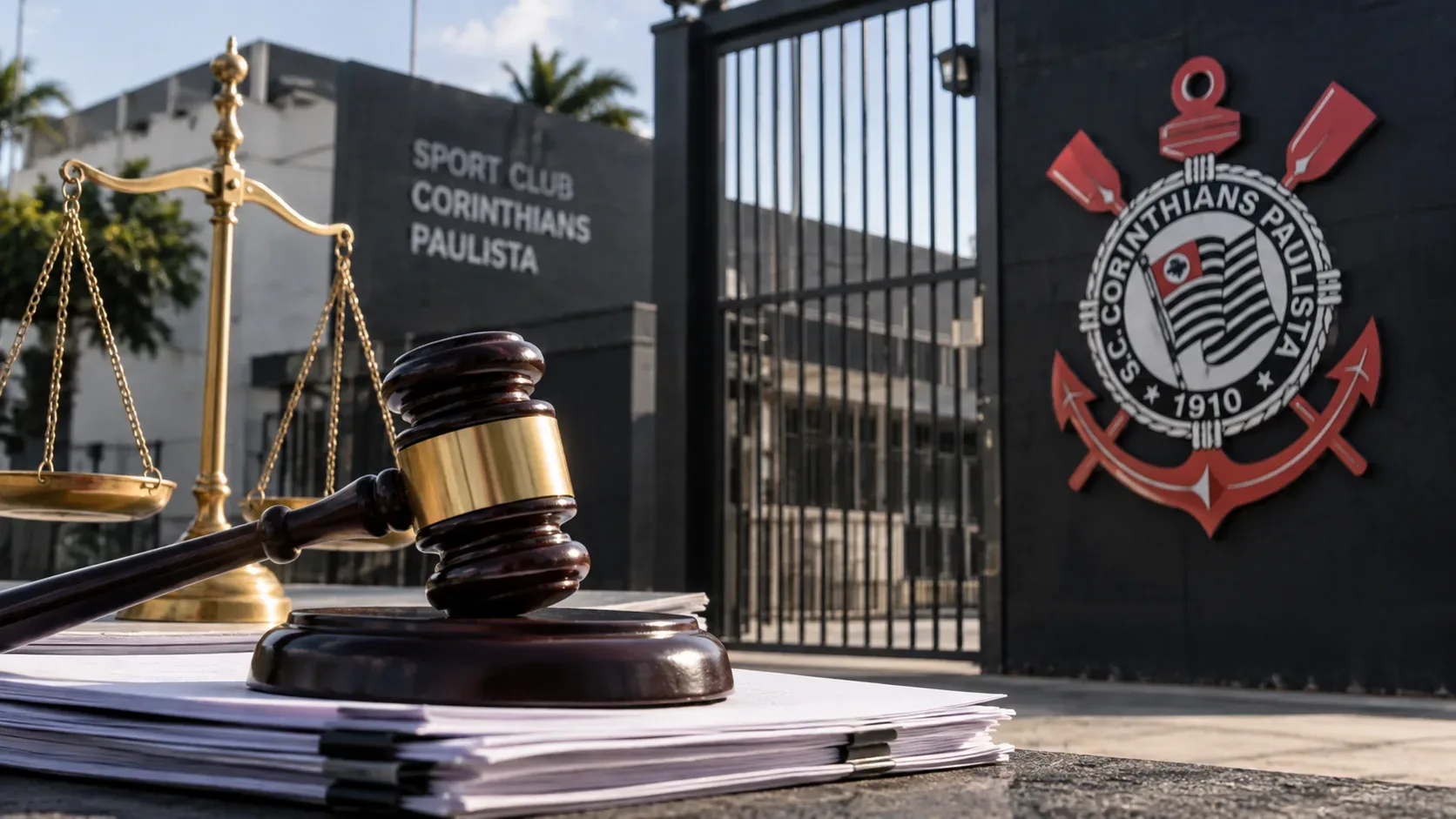 Martelo de juiz e balança sobre documentos diante do portão do Corinthians, com o escudo do clube ao fundo.
