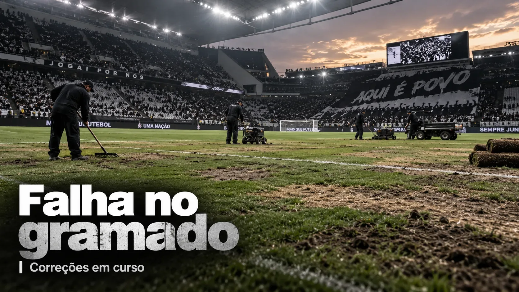 Equipe de manutenção trabalha em um gramado desgastado dentro de um estádio em tons preto e branco, com a chamada 'Falha no gramado' em destaque.