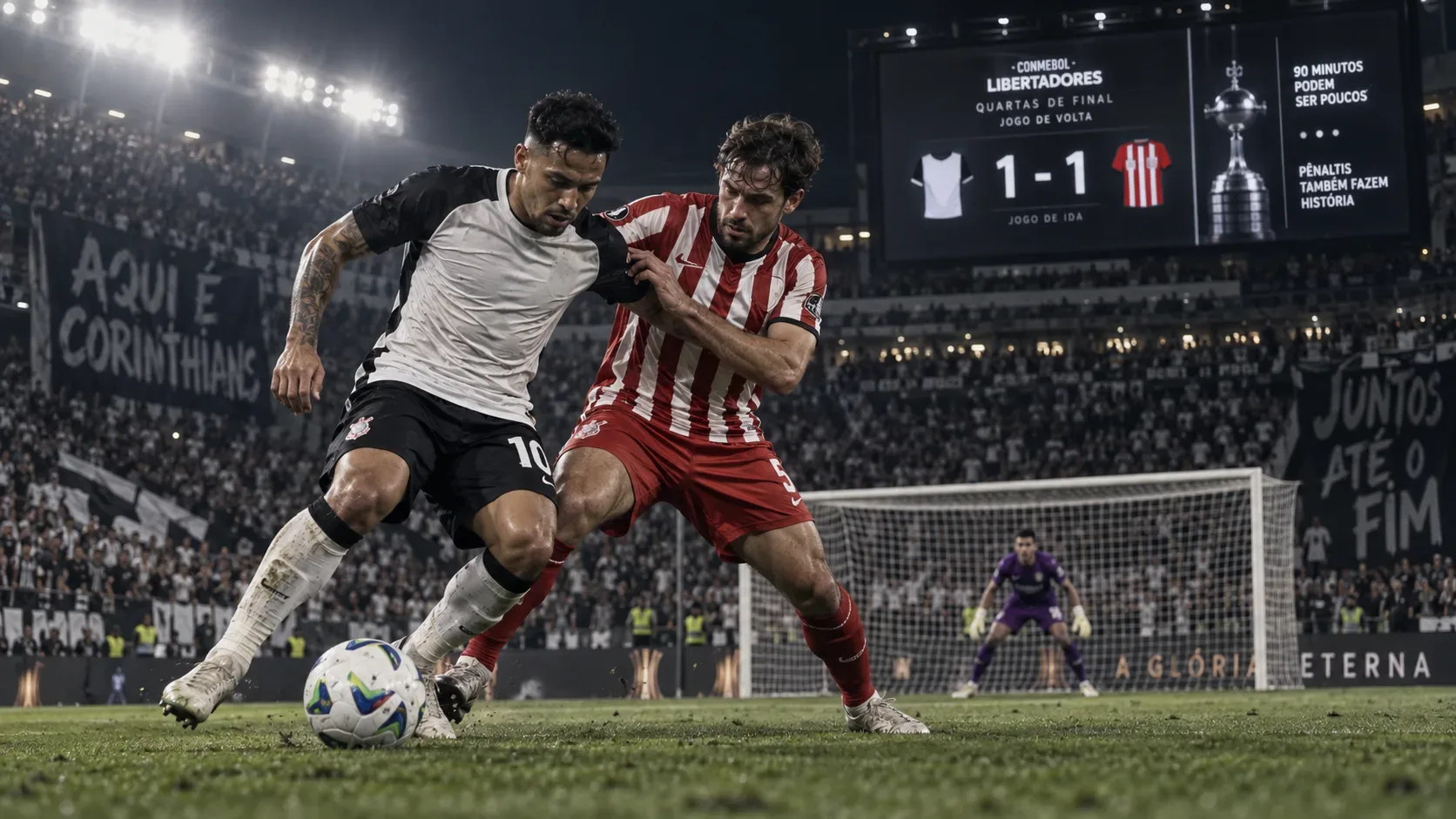 Dois jogadores, um de branco e preto e outro de vermelho e branco, disputam a bola sob refletores, com goleiro ao fundo e placar de 1 a 1 no estádio.