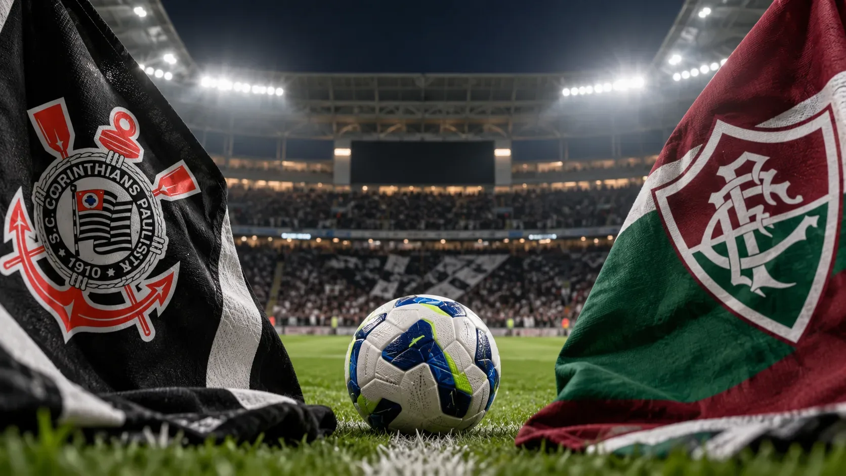 Bola de futebol no gramado entre bandeiras do Corinthians e do Fluminense, com estádio iluminado ao fundo.