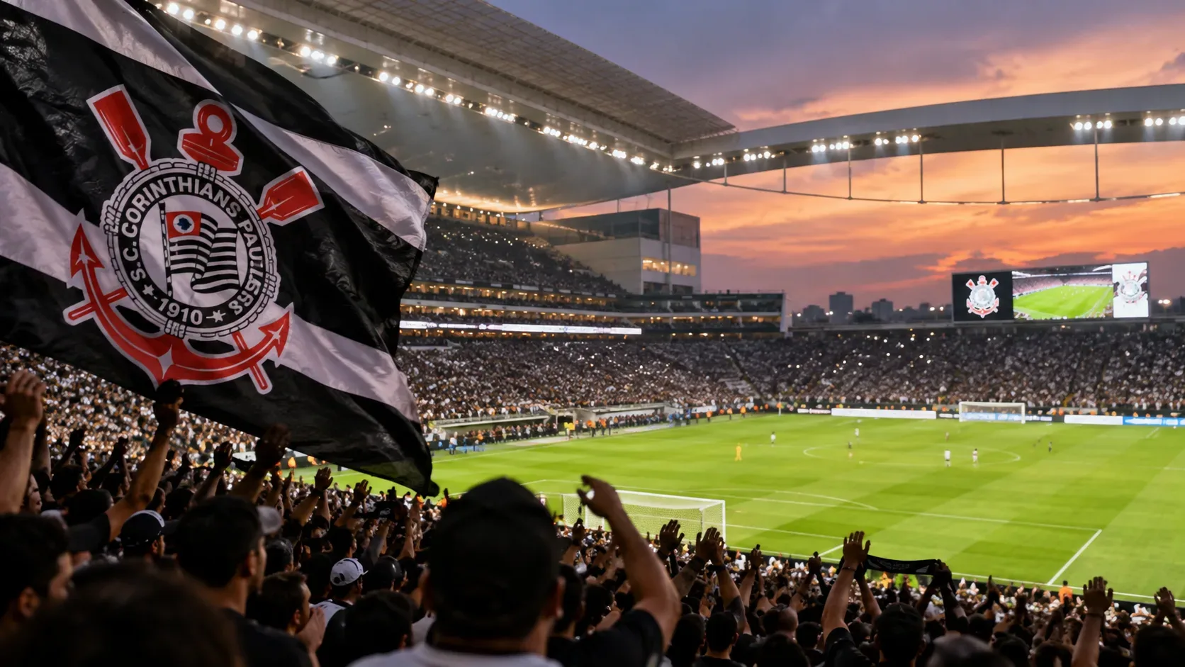Bandeira preta e branca do Corinthians em primeiro plano diante de estádio lotado ao entardecer, com o campo iluminado ao fundo.