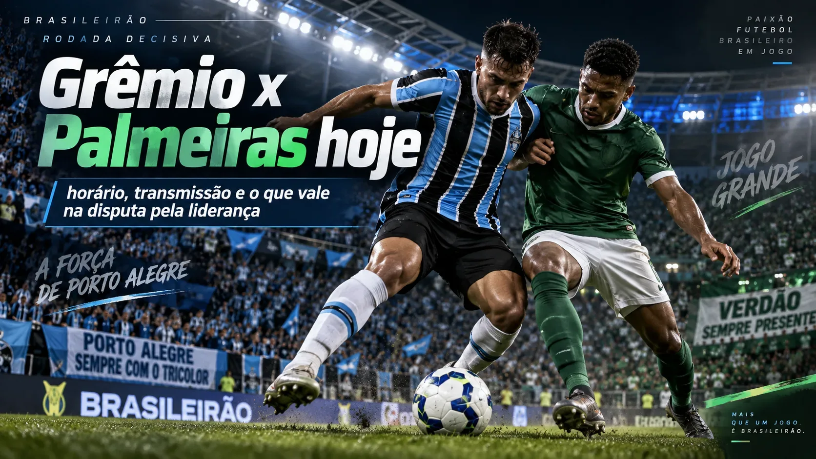 Dois jogadores disputam a bola em estádio iluminado, um de azul, preto e branco e outro de verde, com a chamada Grêmio x Palmeiras hoje sobreposta.