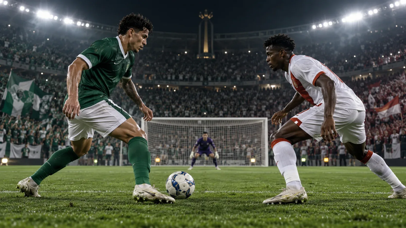 Jogador de verde encara adversário de branco com detalhes vermelhos diante da bola e do gol em estádio lotado à noite.