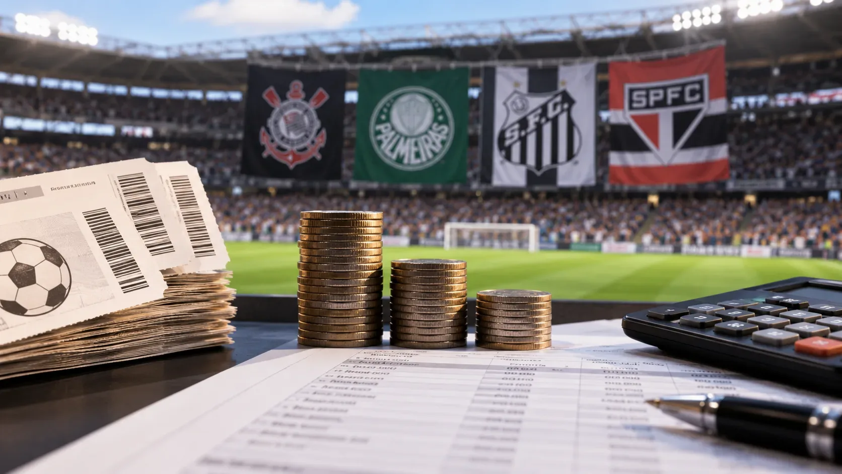 Ingressos de futebol e pilhas de moedas sobre uma planilha, com calculadora e estádio ao fundo, além de bandeiras de clubes paulistas.