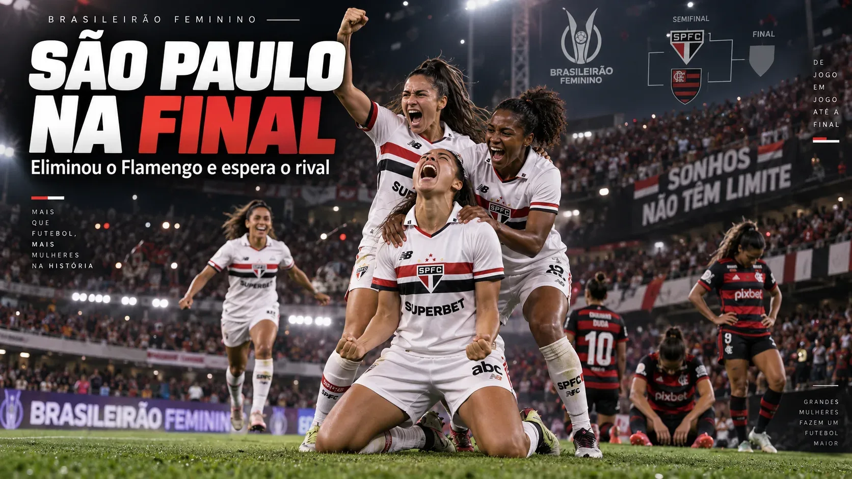 Jogadoras do São Paulo comemoram a classificação em campo, com atletas do Flamengo ao fundo em um estádio lotado.