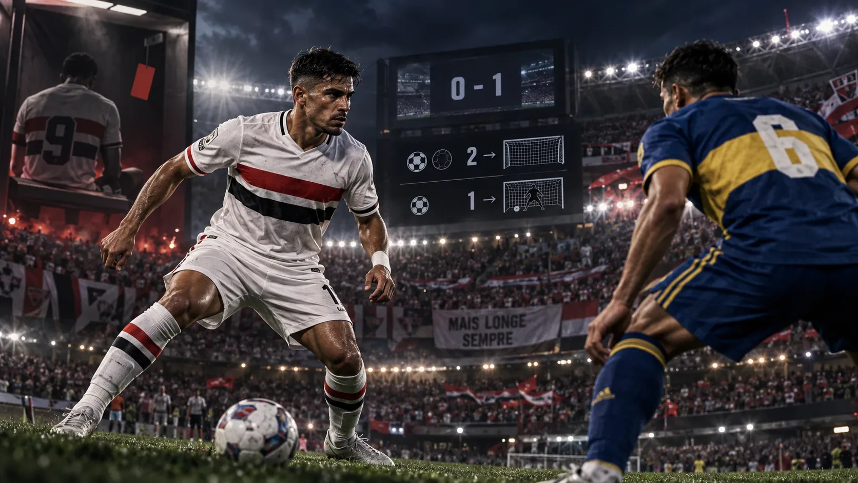 Jogador de branco com faixas vermelha e preta encara adversário de azul e amarelo em estádio lotado, com placar 0–1 e referências visuais à classificação e à ausência de um atacante.