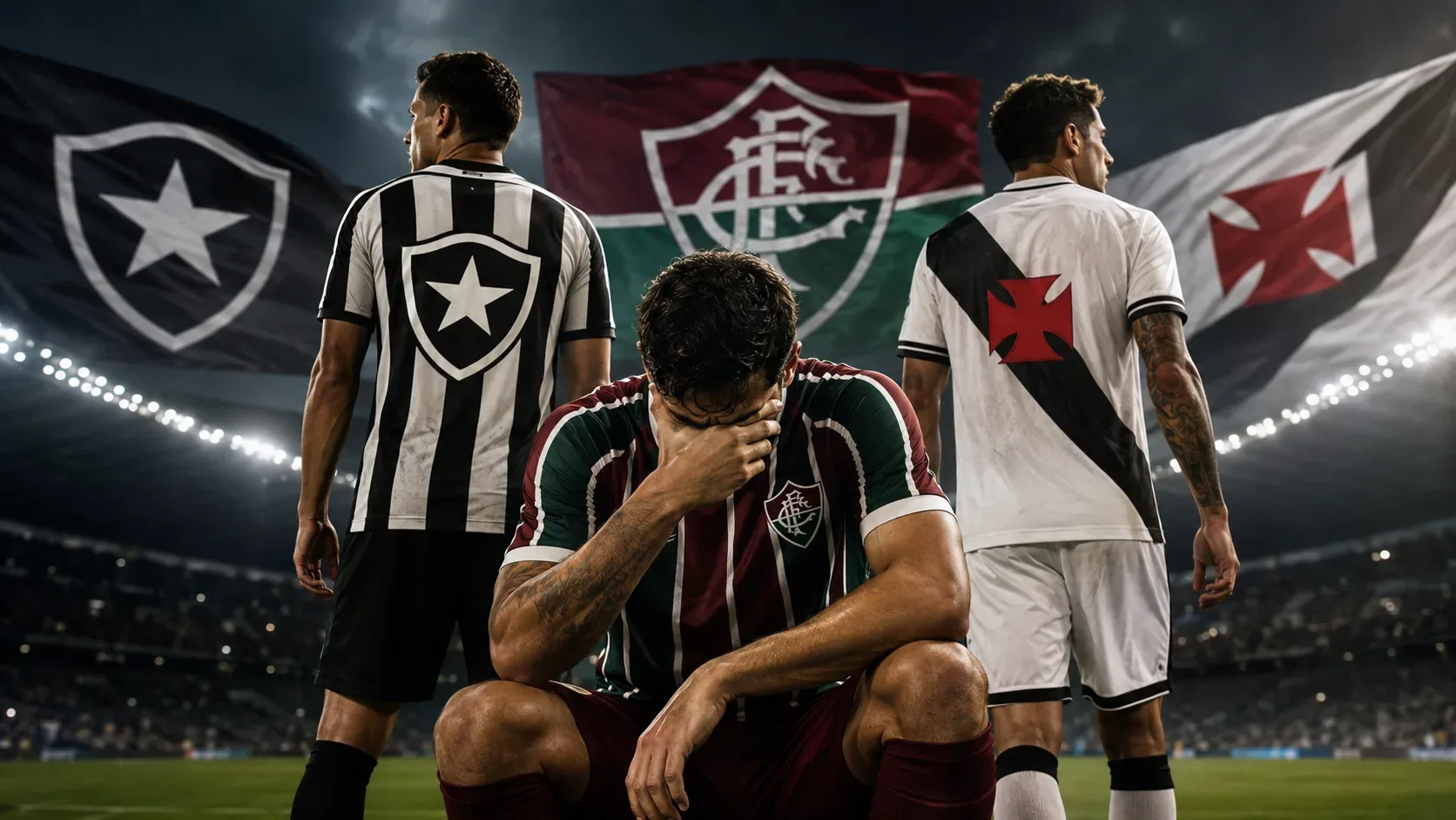 Disputa de bola entre Botafogo e Fluminense no Estádio Nilton Santos em imagem editorial sobre o clássico pelo Brasileirão.