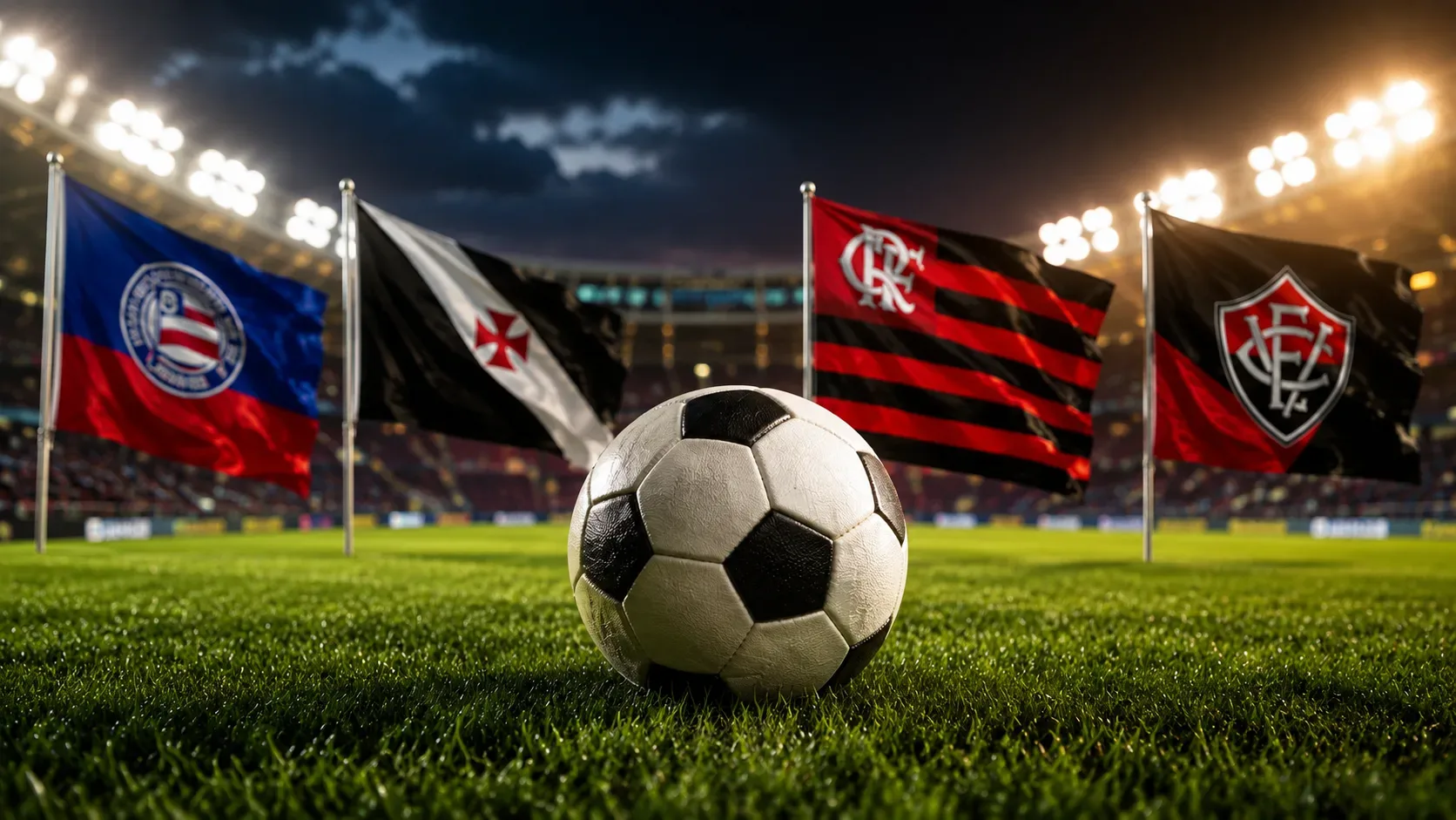 Bola de futebol em gramado de estádio sob iluminação, representando os jogos de Vasco e Flamengo pelo Brasileirão