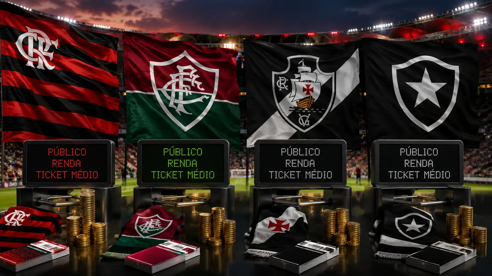 Bandeiras de Flamengo, Fluminense, Vasco e Botafogo em um estádio, com catracas, painéis de público e renda, ingressos e pilhas de moedas.