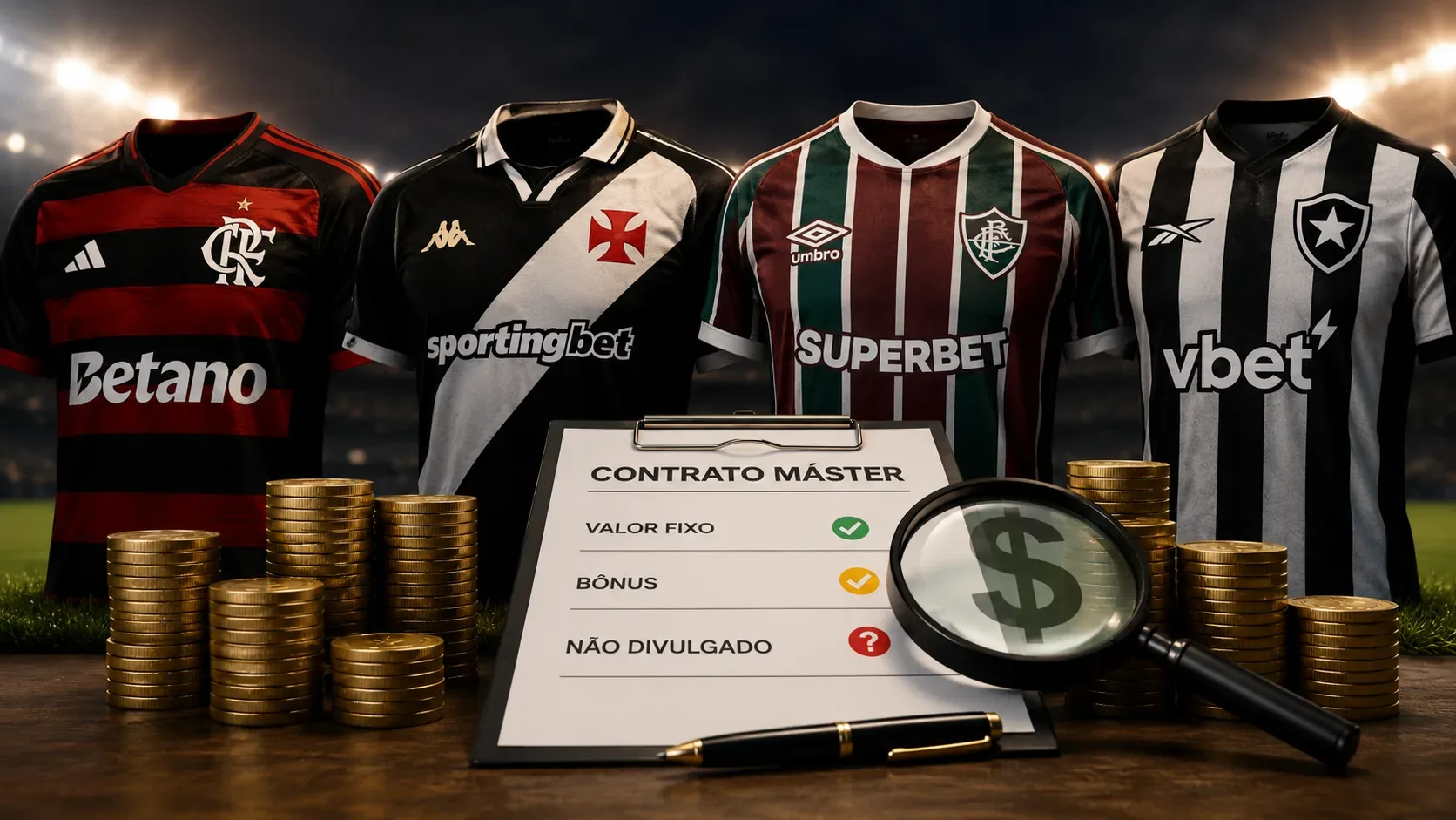 Quatro camisas dos grandes clubes do Rio alinhadas em um estádio, com pilhas de moedas, uma prancheta de contrato e uma lupa em primeiro plano.