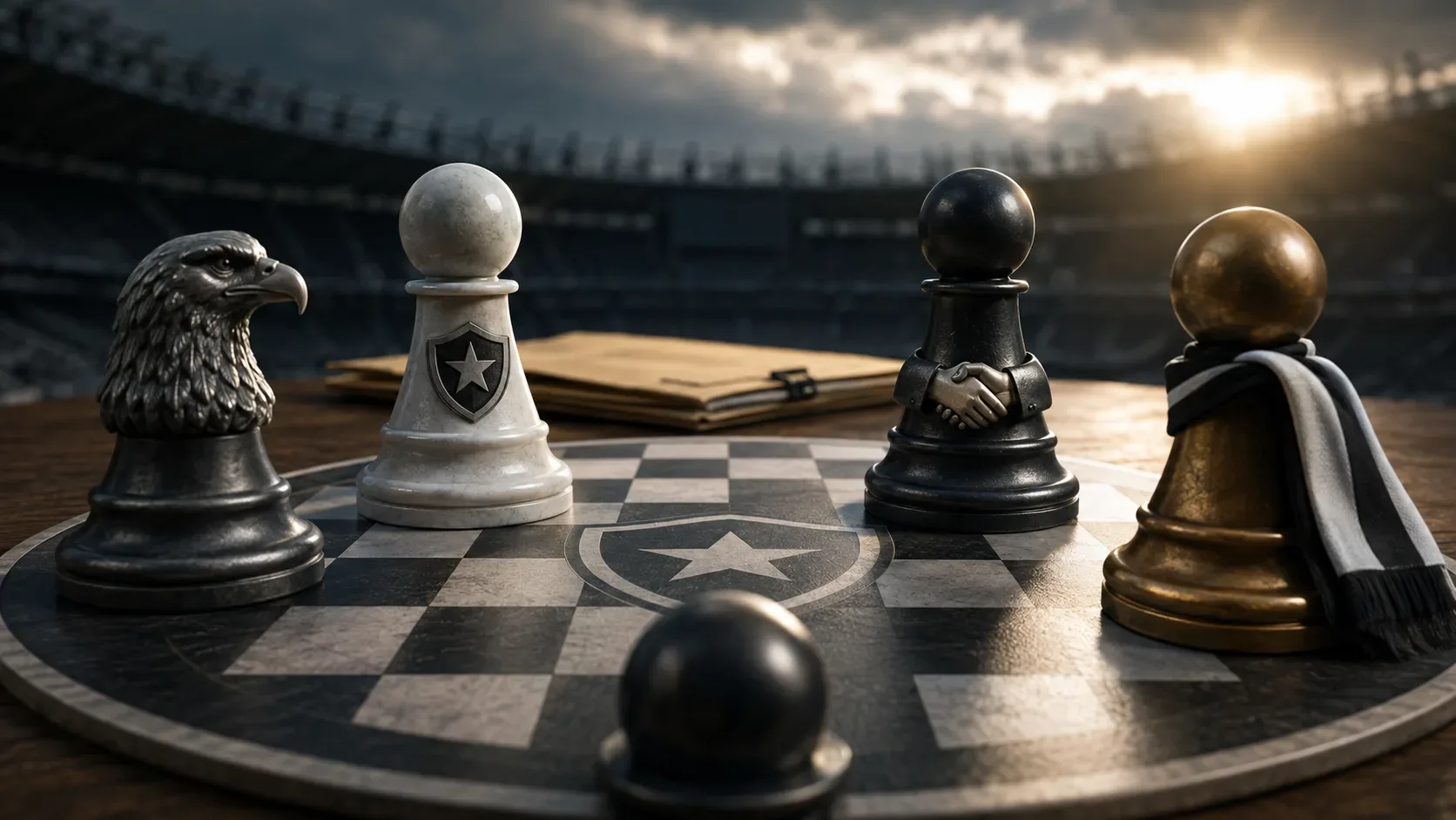 Representação editorial da disputa e transição de controle da SAF do Botafogo entre clube social, Eagle e futuro investidor.