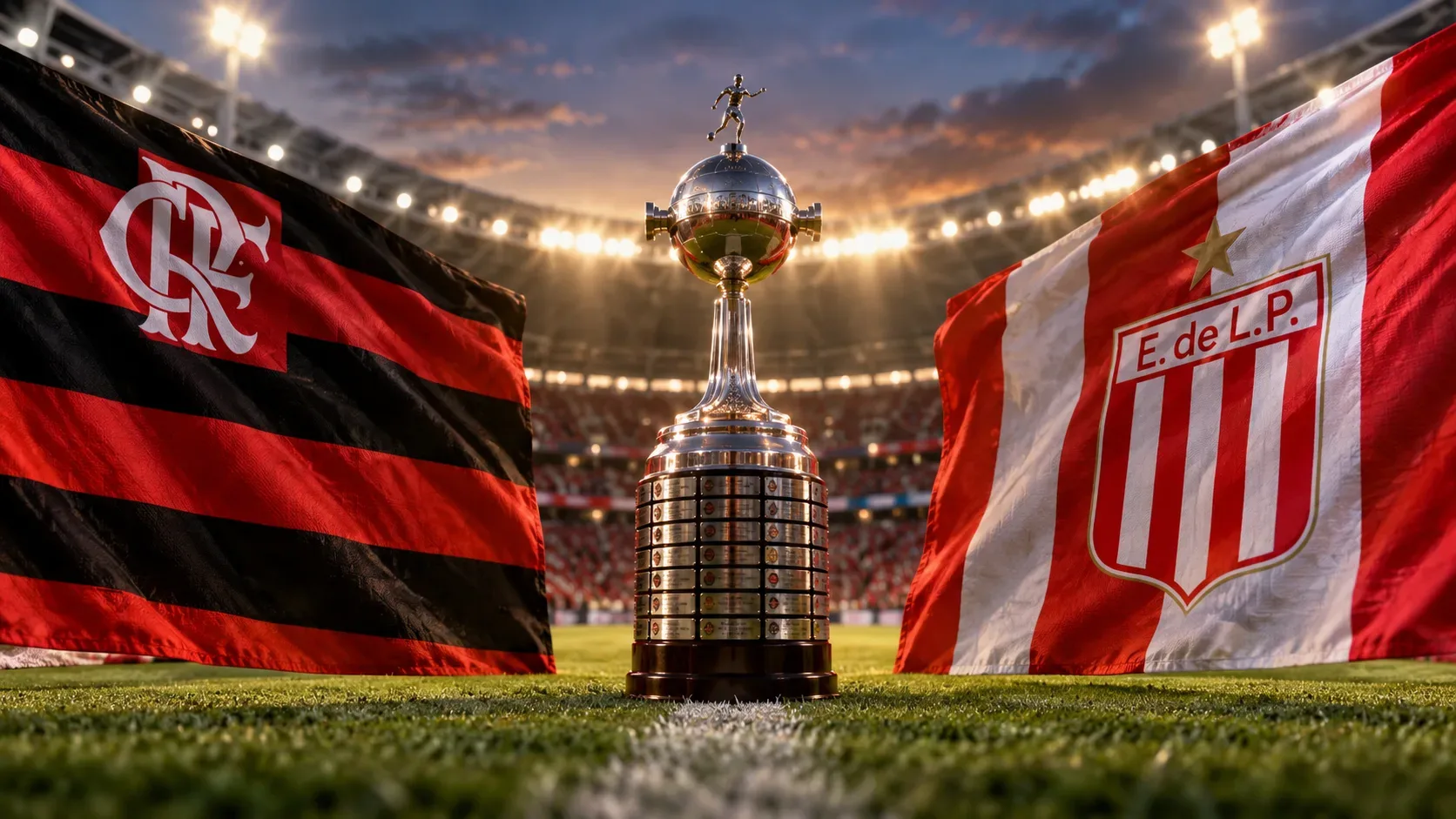 Troféu da Libertadores ao centro de um estádio iluminado, entre uma bandeira rubro-negra do Flamengo e uma bandeira vermelha e branca do Estudiantes.