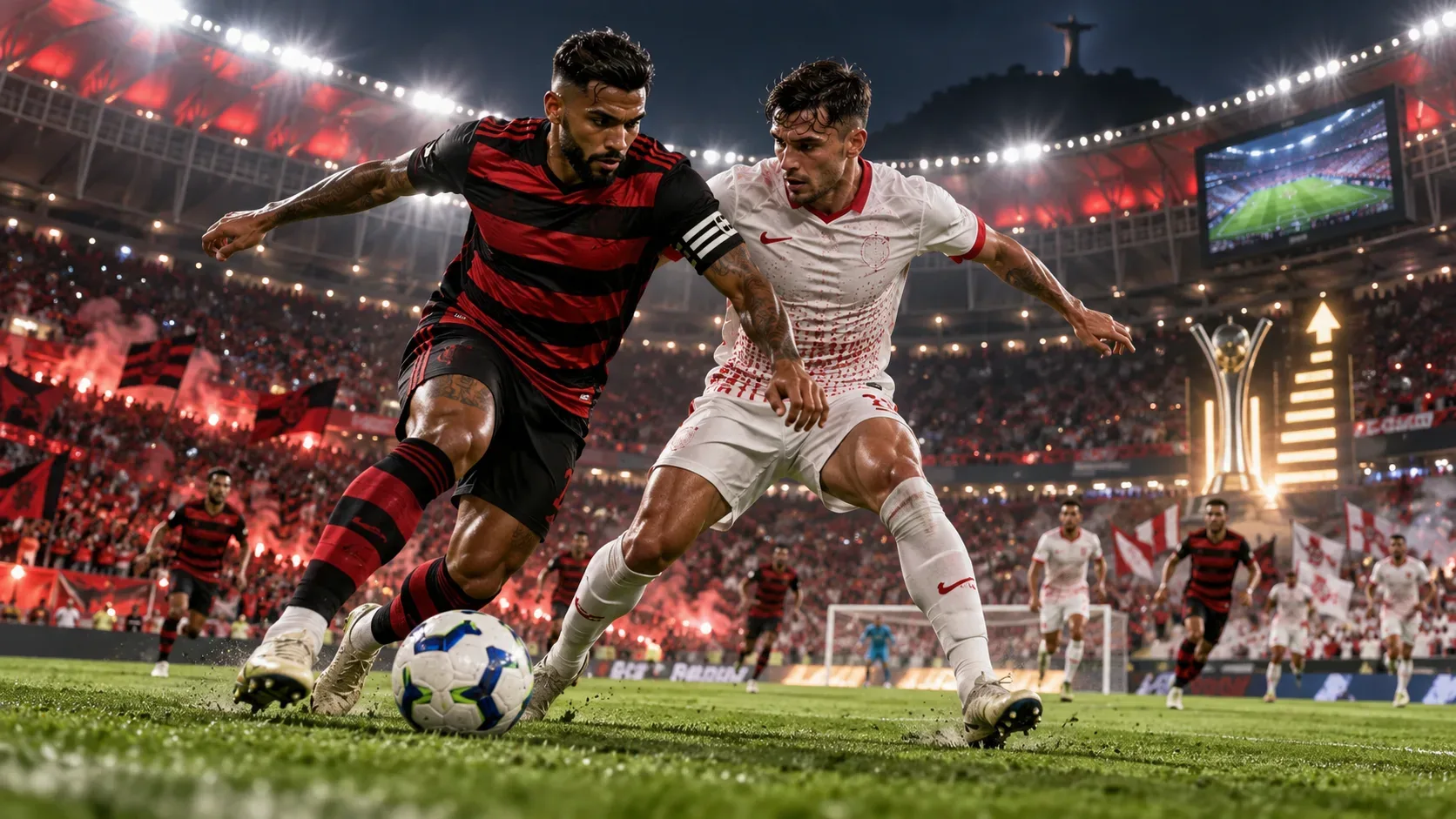 Dois jogadores disputam a bola em um estádio lotado à noite, um com uniforme rubro-negro e outro branco com detalhes vermelhos, sob fortes refletores.