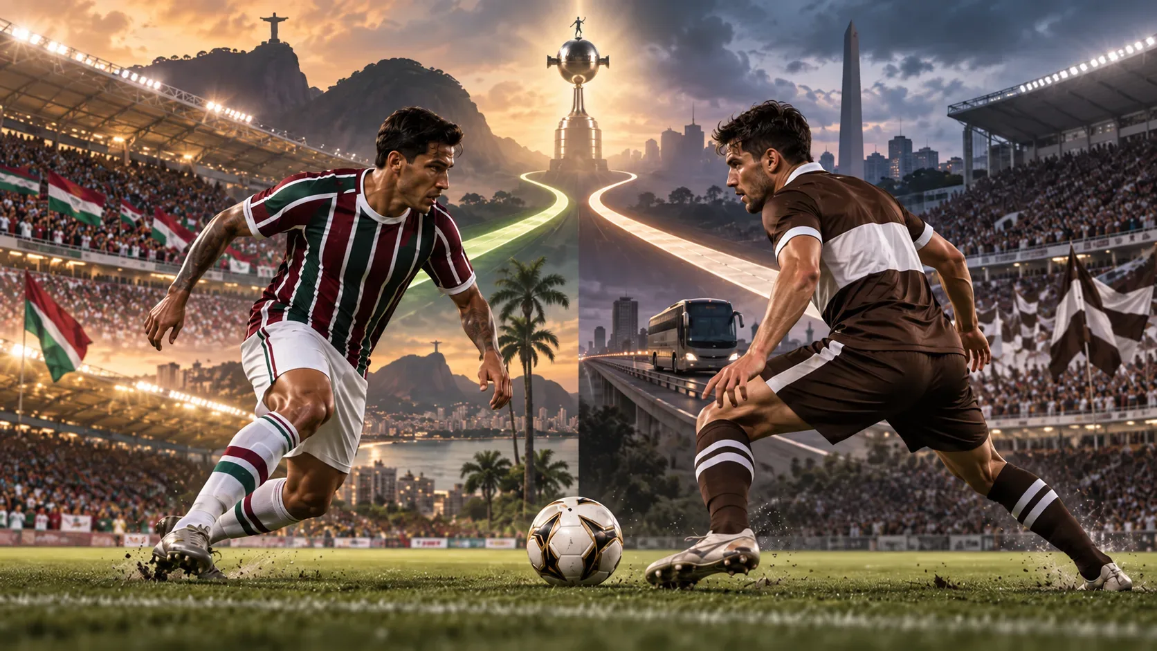 Dois jogadores de futebol se enfrentam sobre o gramado, um em uniforme listrado verde, grená e branco e outro em marrom e branco, com estádios do Rio e de Buenos Aires ao fundo e um troféu ao centro.