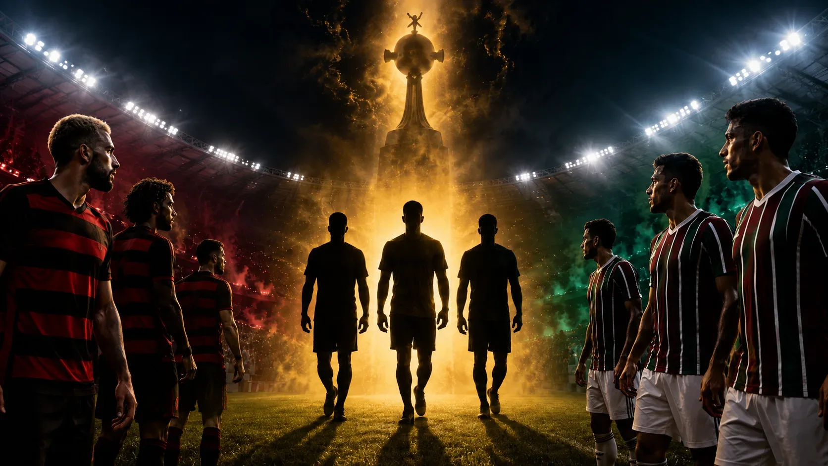 Jogadores com uniformes rubro-negros e tricolores cercam três silhuetas sob uma luz dourada em um estádio de futebol à noite.