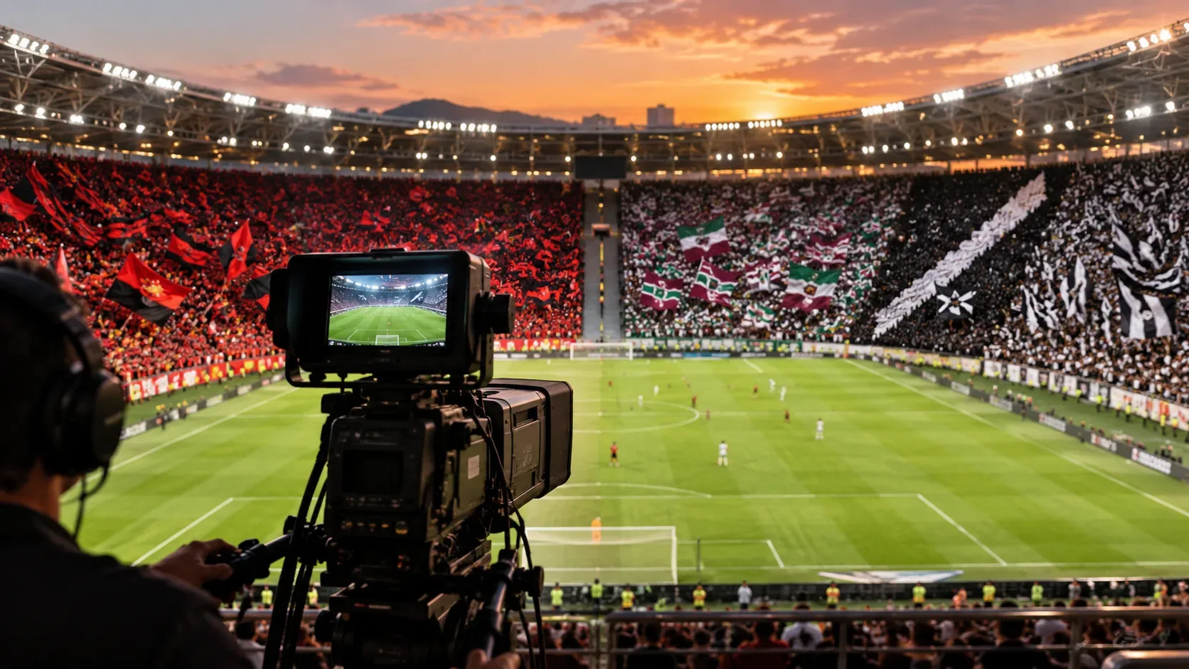 Estádio dividido entre Flamengo e Libra à esquerda e Fluminense, Vasco e Botafogo sob a FFU à direita, com telas de transmissão e um contrato de direitos de TV em primeiro plano.