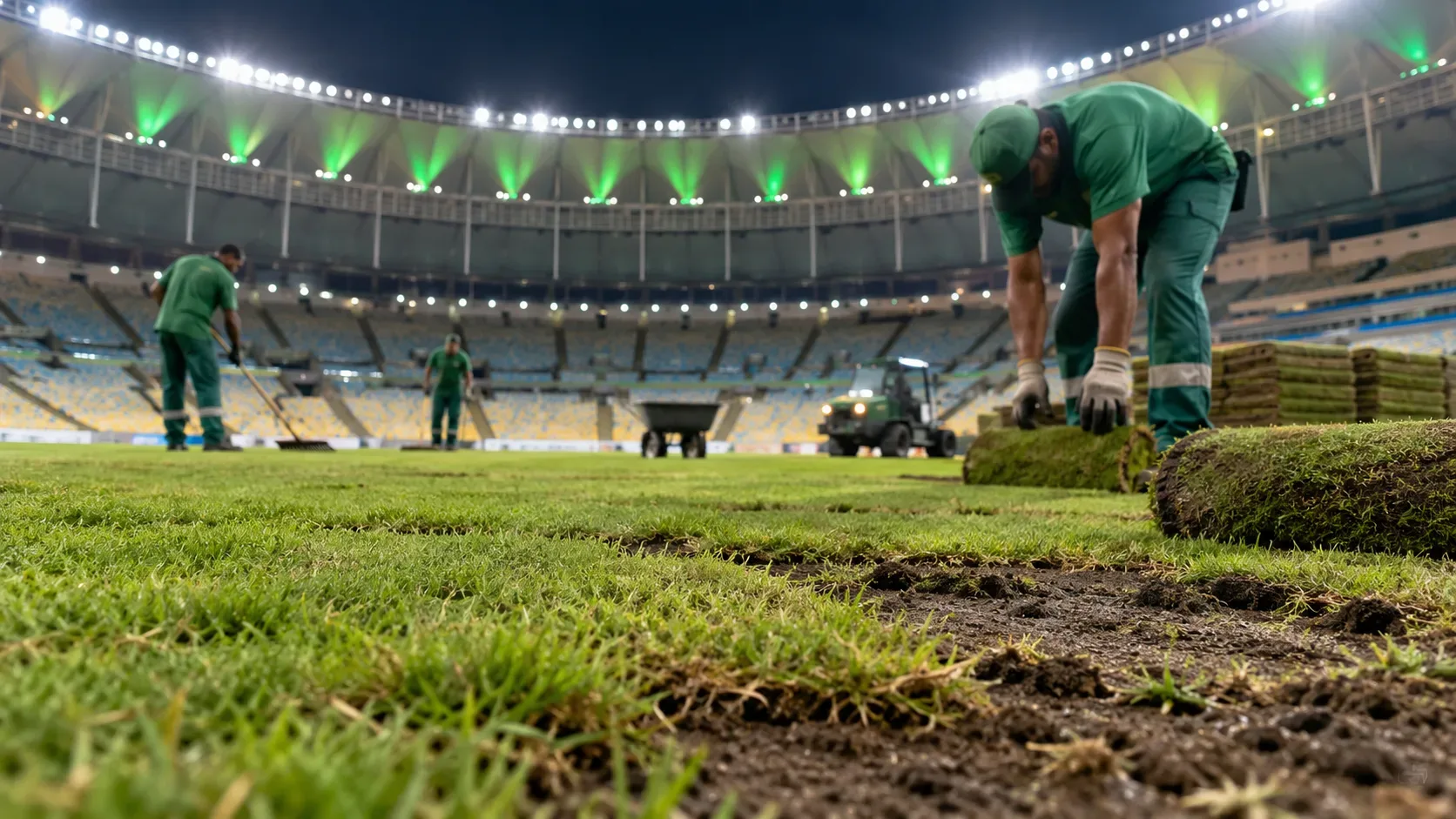 Equipe de manutenção trabalha à noite no gramado de um estádio iluminado, com rolos de grama e trechos de solo exposto em primeiro plano.