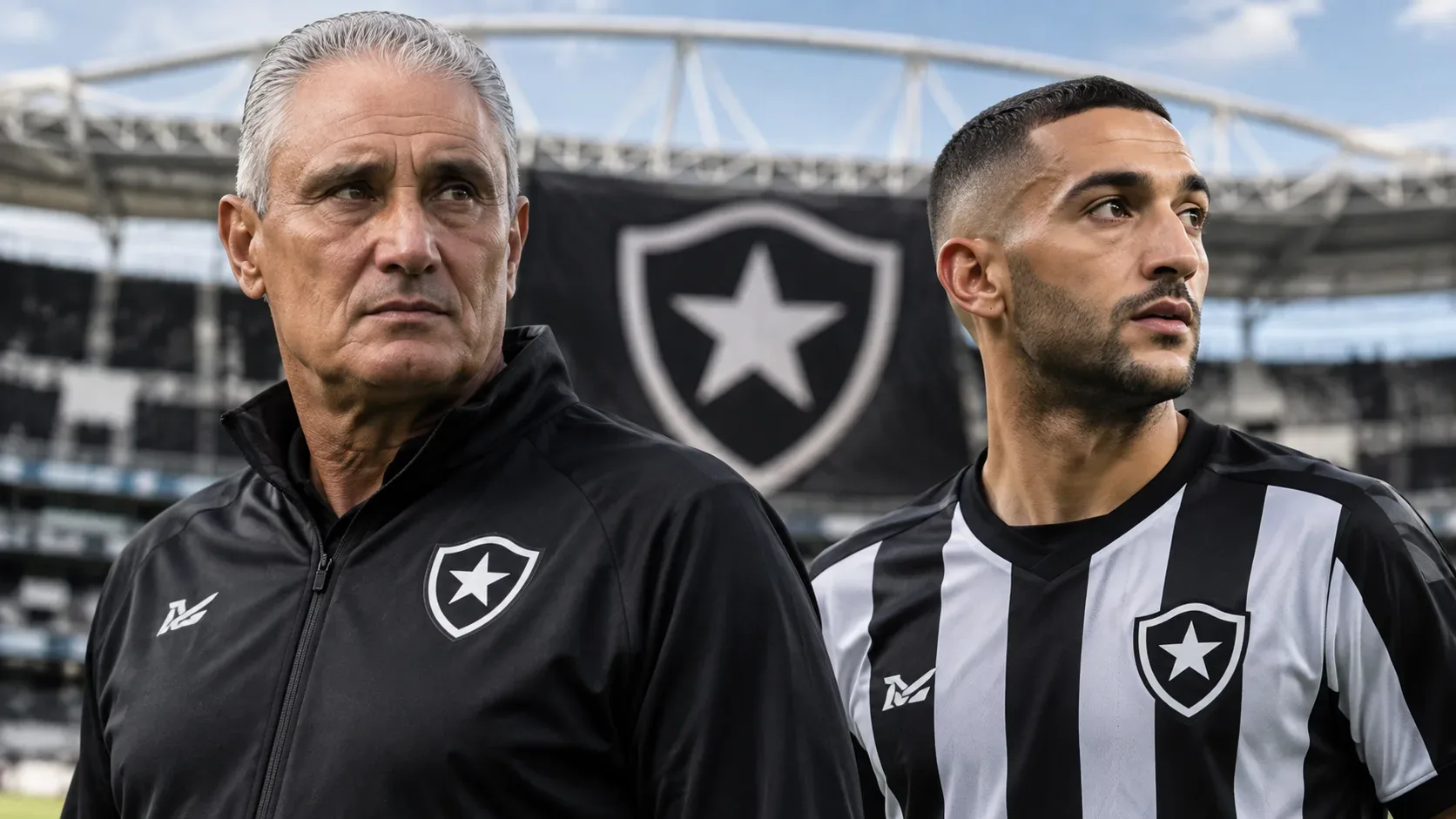 Tite e Hakim Ziyech em composição ilustrativa com uniformes preto e branco diante de um estádio e de um escudo estrelado ao fundo.