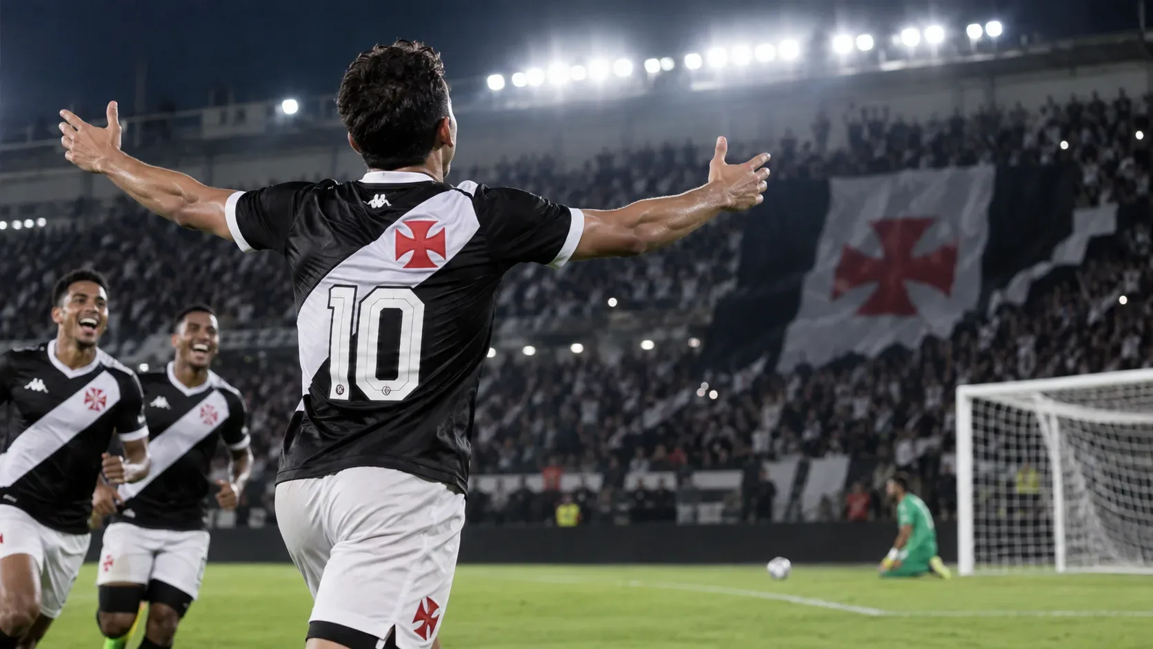 Jogadores do Vasco comemoram juntos no gramado de um estádio lotado, com bandeira preta e branca com cruz vermelha ao fundo.