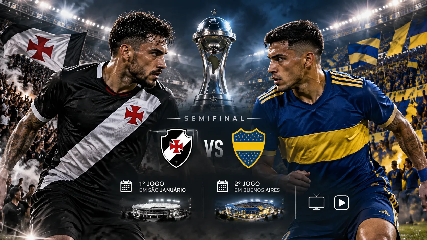 Ilustração esportiva com jogadores em uniformes inspirados no Vasco e no Boca Juniors frente a frente, troféu ao centro e estádio lotado ao fundo.