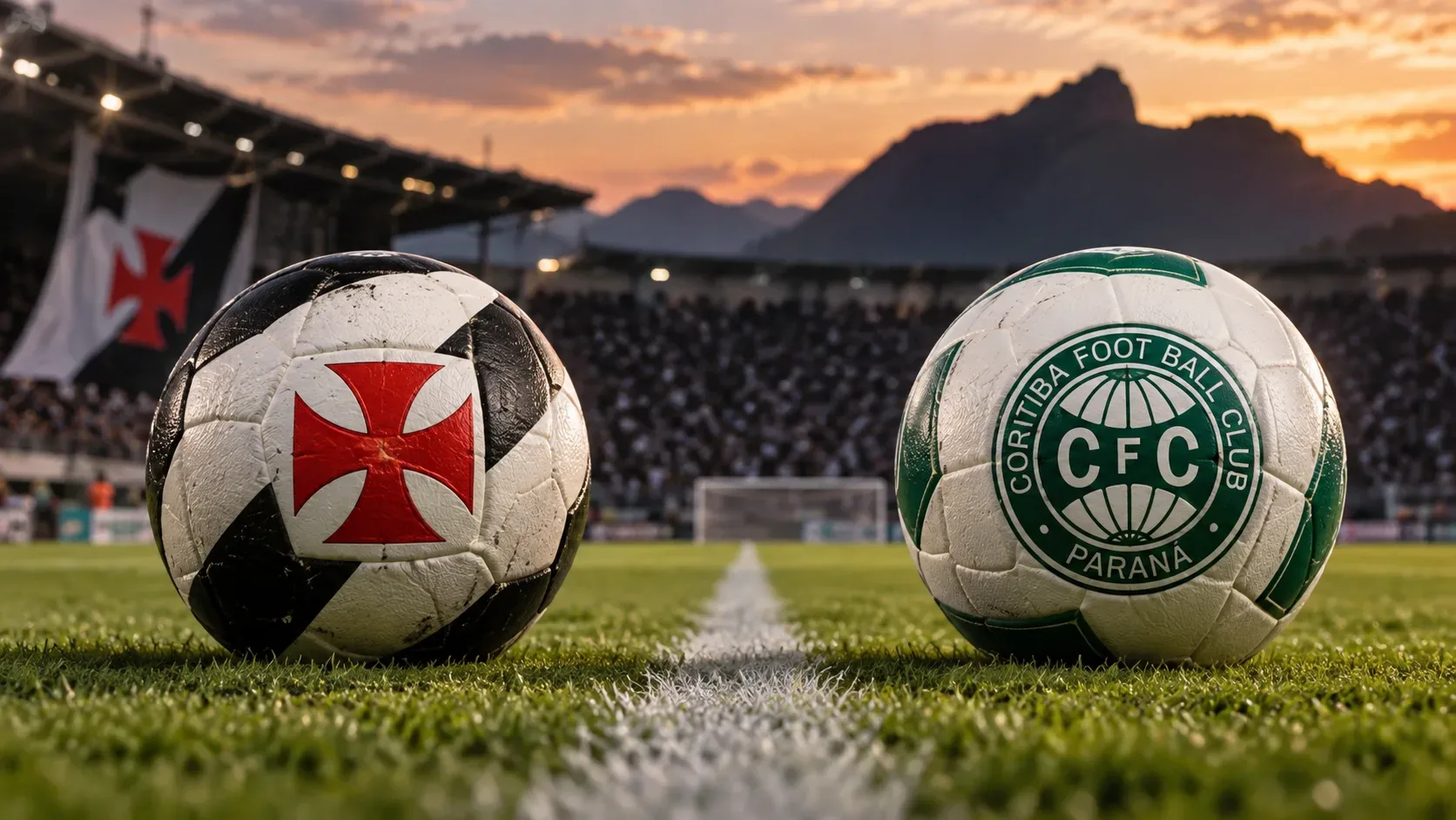 Duas bolas de futebol em preto, branco, vermelho e verde sobre o gramado, com arquibancadas e pôr do sol ao fundo.