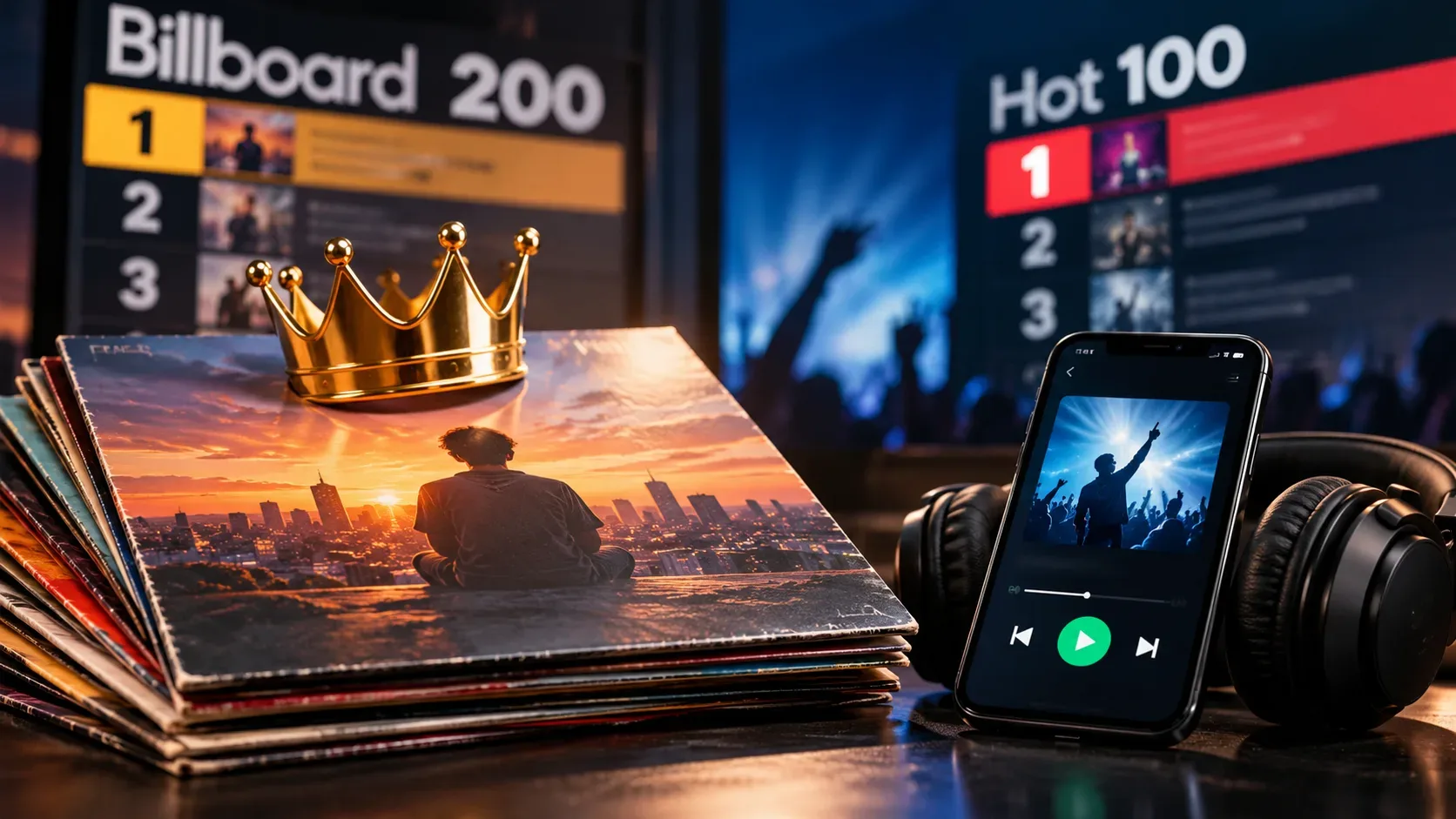 Coroa dourada sobre discos de vinil ao lado de smartphone e fones, com rankings Billboard 200 e Hot 100 desfocados ao fundo.
