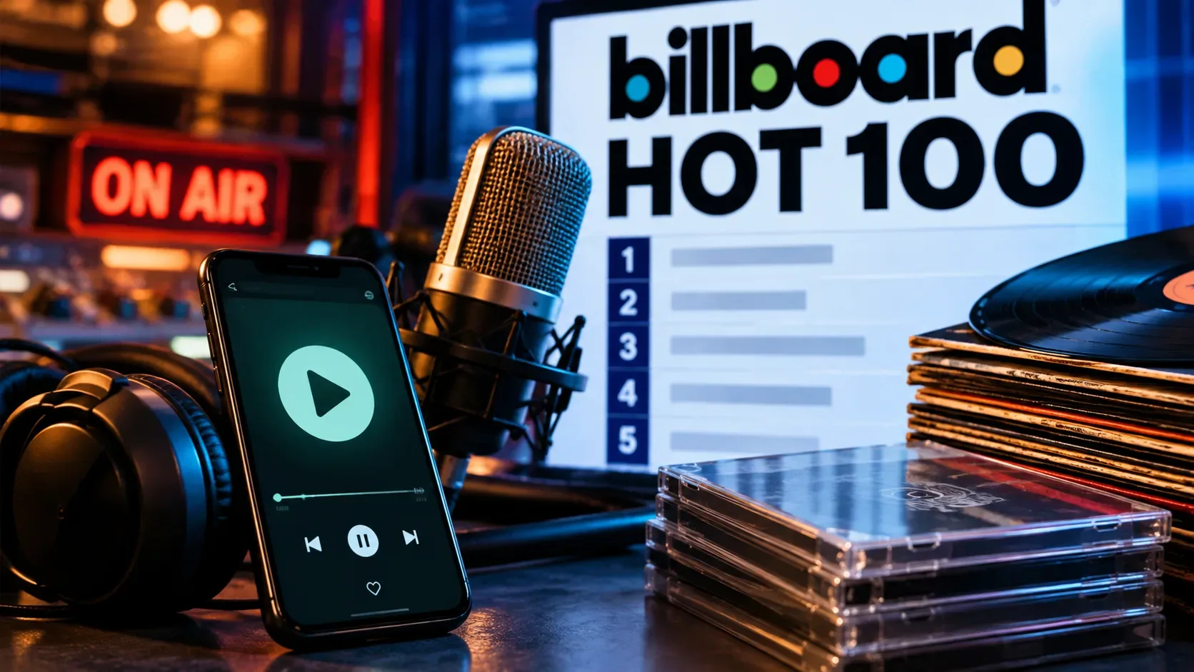 Smartphone com player de música, fones, microfone, CDs e discos de vinil diante de um painel do Hot 100 em estúdio iluminado.