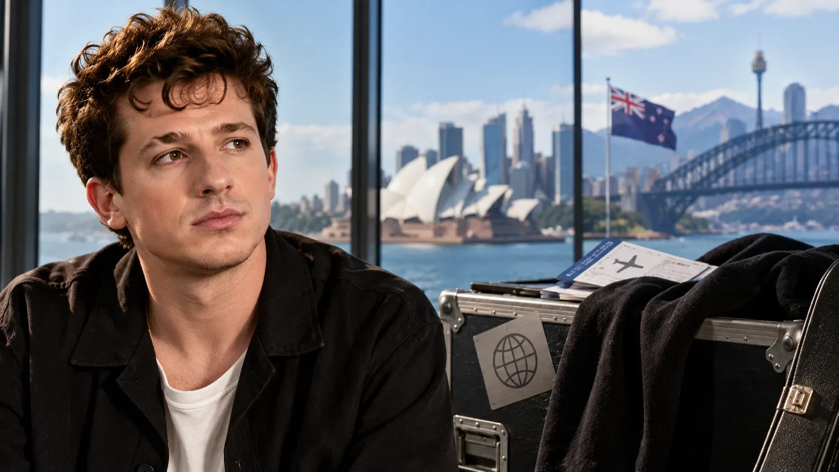 Charlie Puth em primeiro plano diante de uma paisagem de Sydney, com bandeira da Nova Zelândia, cases de turnê e documentos de viagem ao lado.