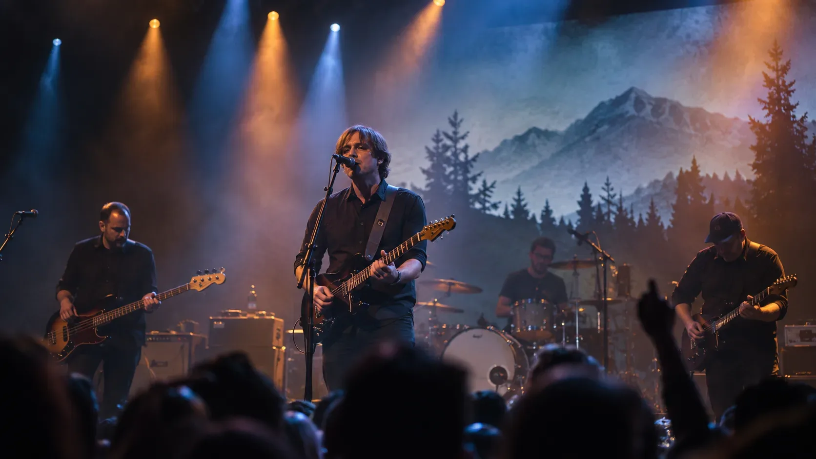 Banda de rock se apresenta em palco com luzes azuis e âmbar, público em primeiro plano e montanhas projetadas ao fundo.