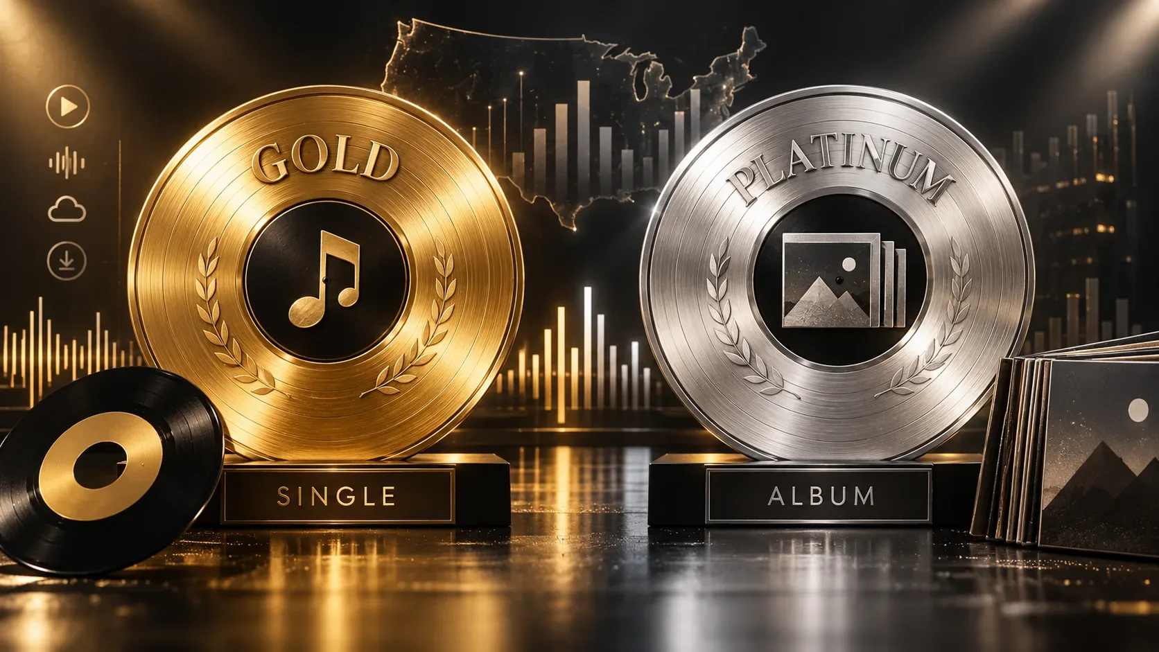 Dois discos metálicos, um dourado com as inscrições Gold e Single e outro prateado com Platinum e Album, diante de barras de streaming, mapa dos Estados Unidos e capas de discos.