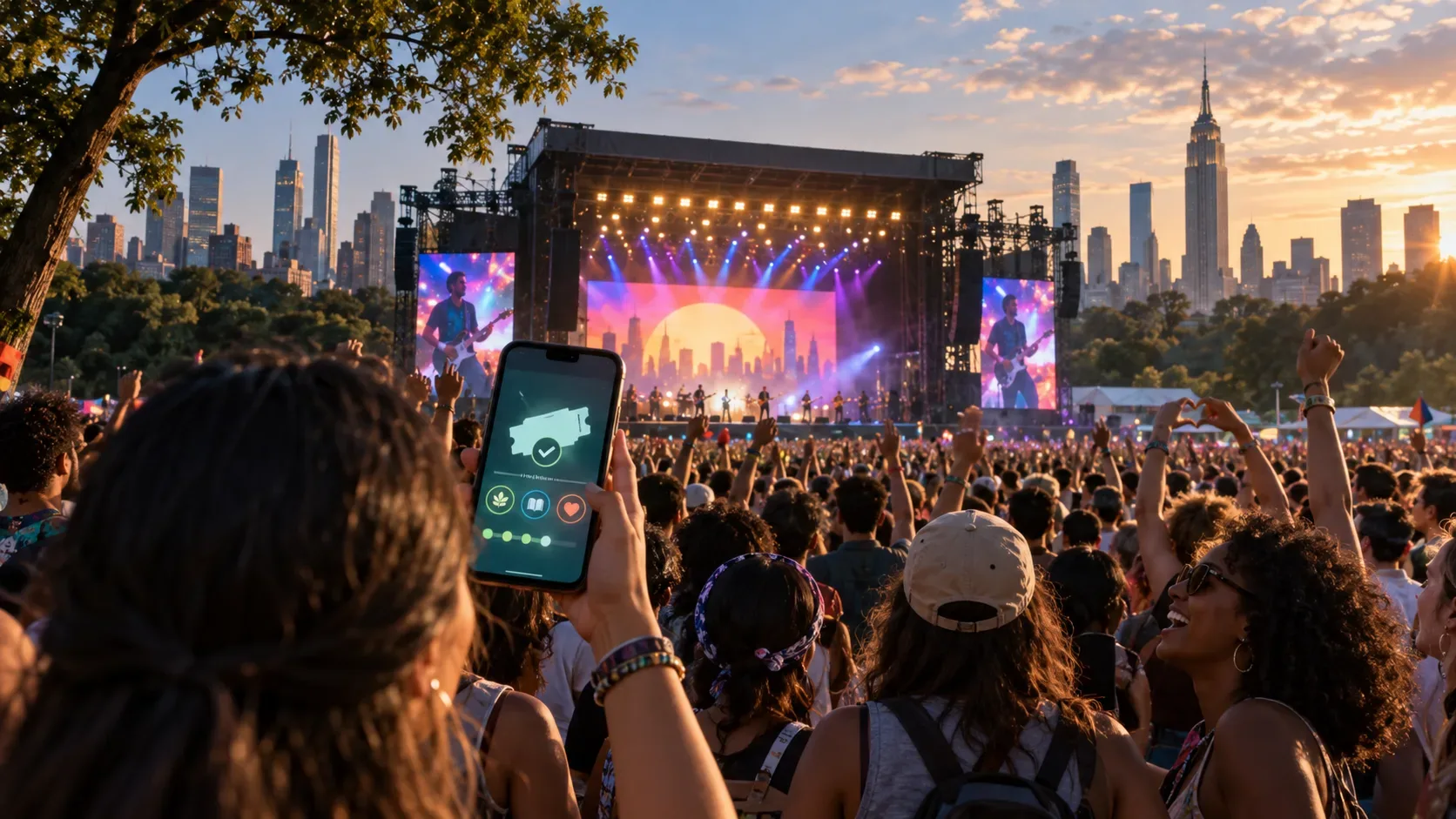 Público em festival ao ar livre no Central Park ao pôr do sol, com palco iluminado, skyline de Nova York e celular exibindo um ingresso digital.