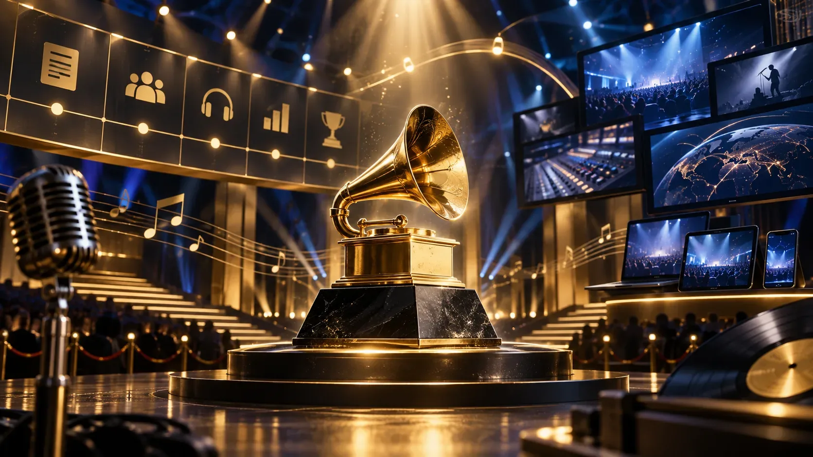 Troféu musical dourado genérico em palco iluminado, com linha do tempo visual, microfone, disco e várias telas sugerindo transmissão multiplataforma.