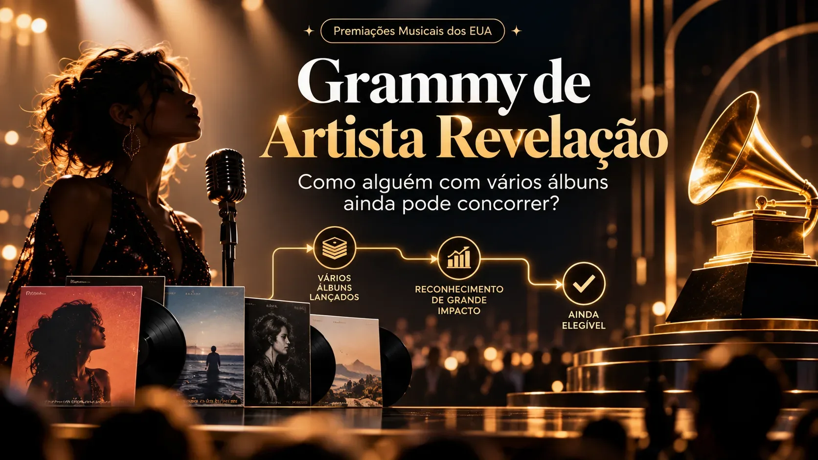 Cantora em palco iluminado em dourado ao lado de discos, microfone e troféu de gramofone, com caminho visual sobre elegibilidade ao Grammy de Artista Revelação.