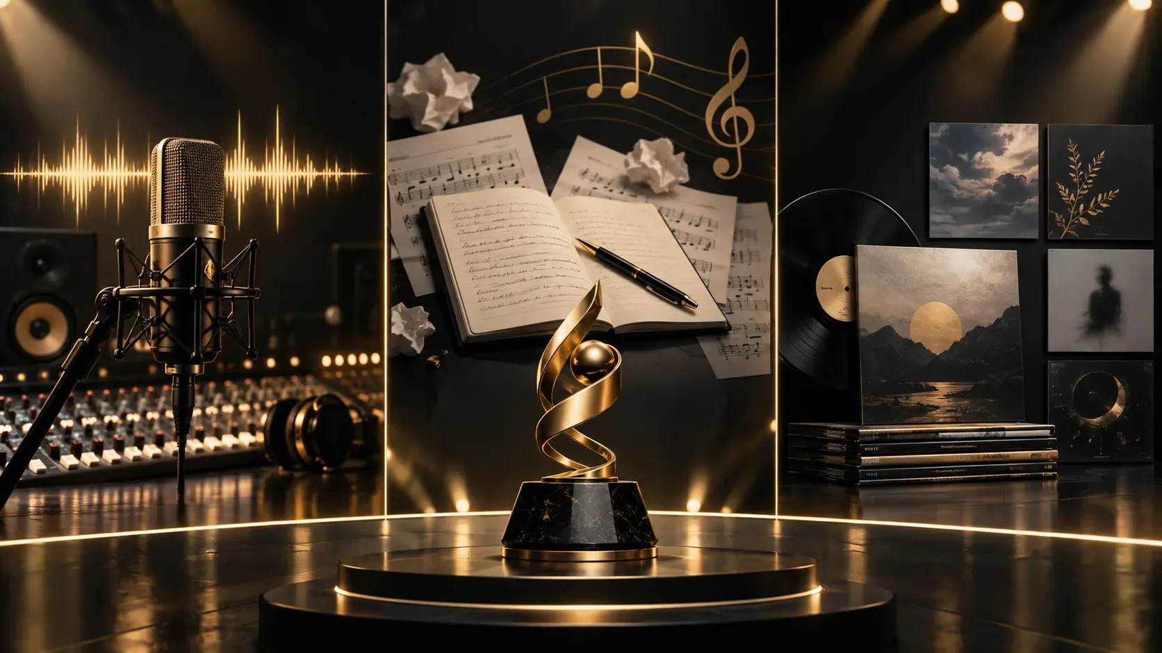 Composição em três áreas mostra microfone e onda sonora, caderno de composição e discos com capas abstratas diante de um troféu musical dourado genérico.