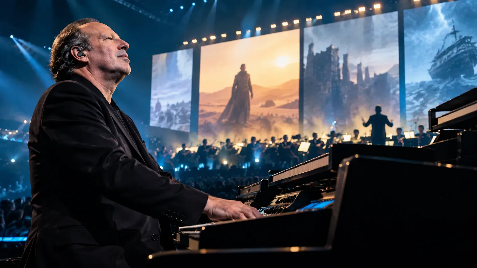 Hans Zimmer ao teclado em um palco de arena, com orquestra, luzes azuis e douradas e grandes telas cinematográficas ao fundo.