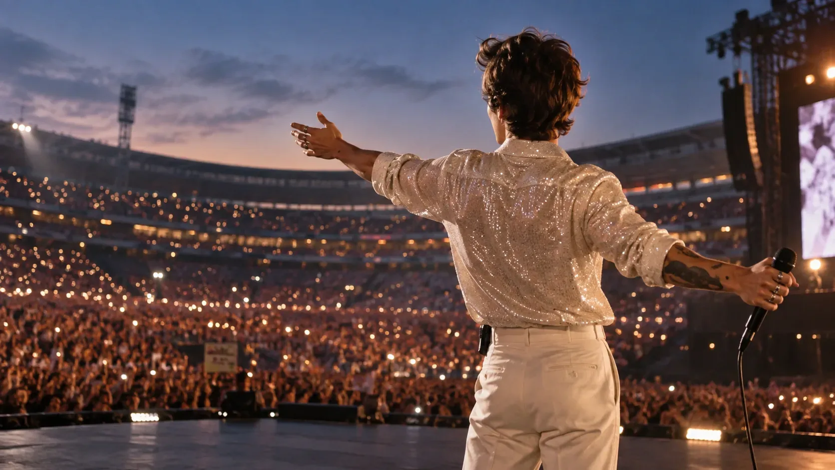 Cantor visto de costas no palco de um estádio lotado ao entardecer, com microfone na mão e luzes do público ao fundo.