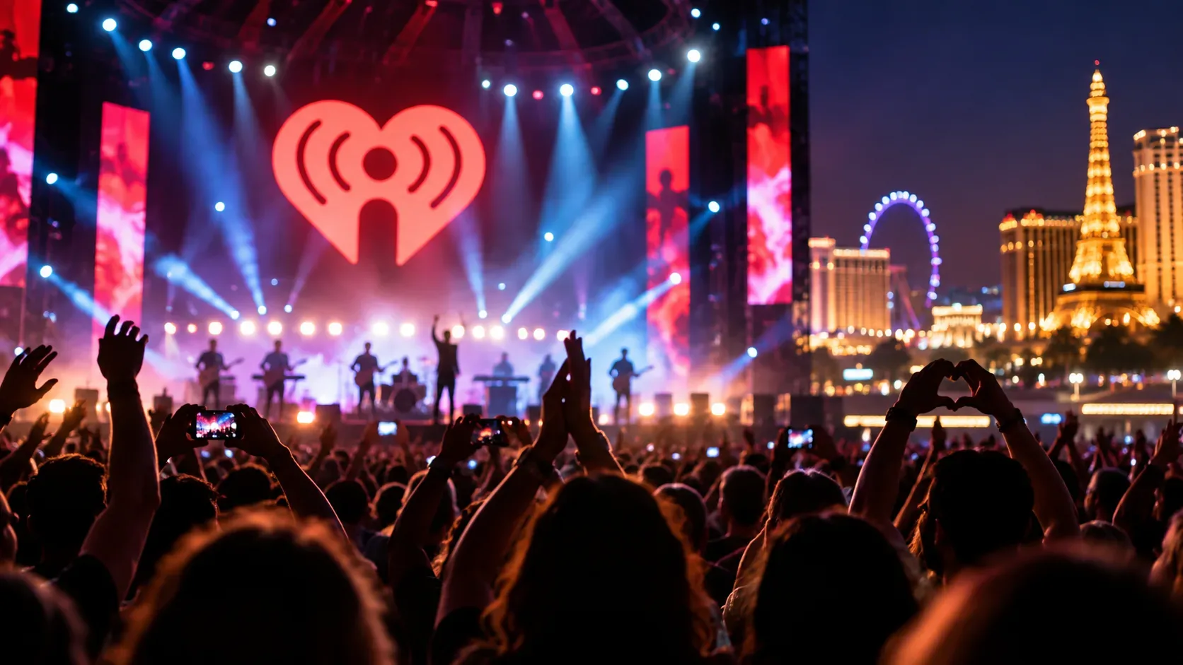 Palco de festival lotado e iluminado em Las Vegas, com público em primeiro plano, feixes de luz coloridos e um símbolo de coração luminoso ao fundo.