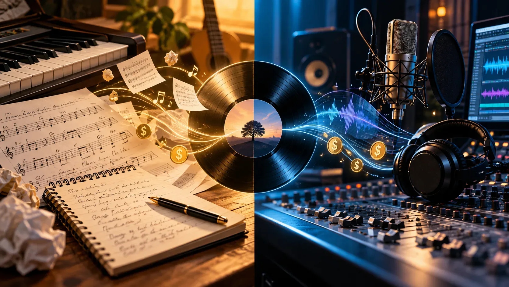 Composição dividida entre um espaço de criação com partituras e piano e um estúdio de gravação com microfone, console, fones e disco de vinil ao centro.