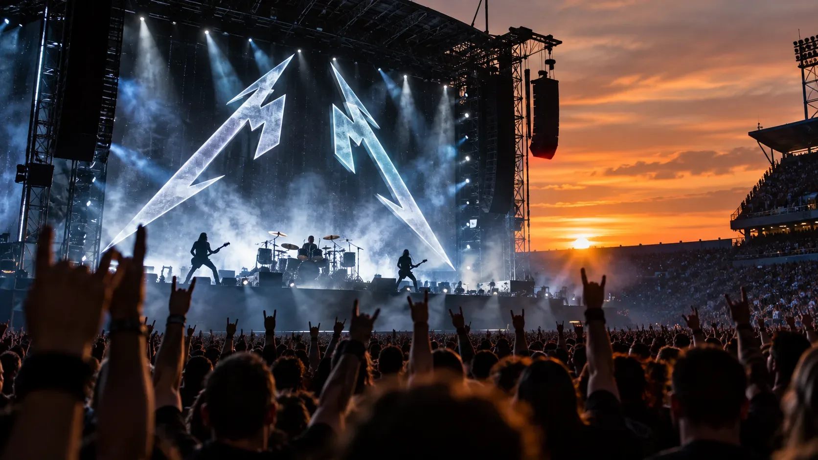Grande show de metal em estádio ao pôr do sol, com palco iluminado em azul e branco, músicos em silhueta e público com as mãos erguidas.
