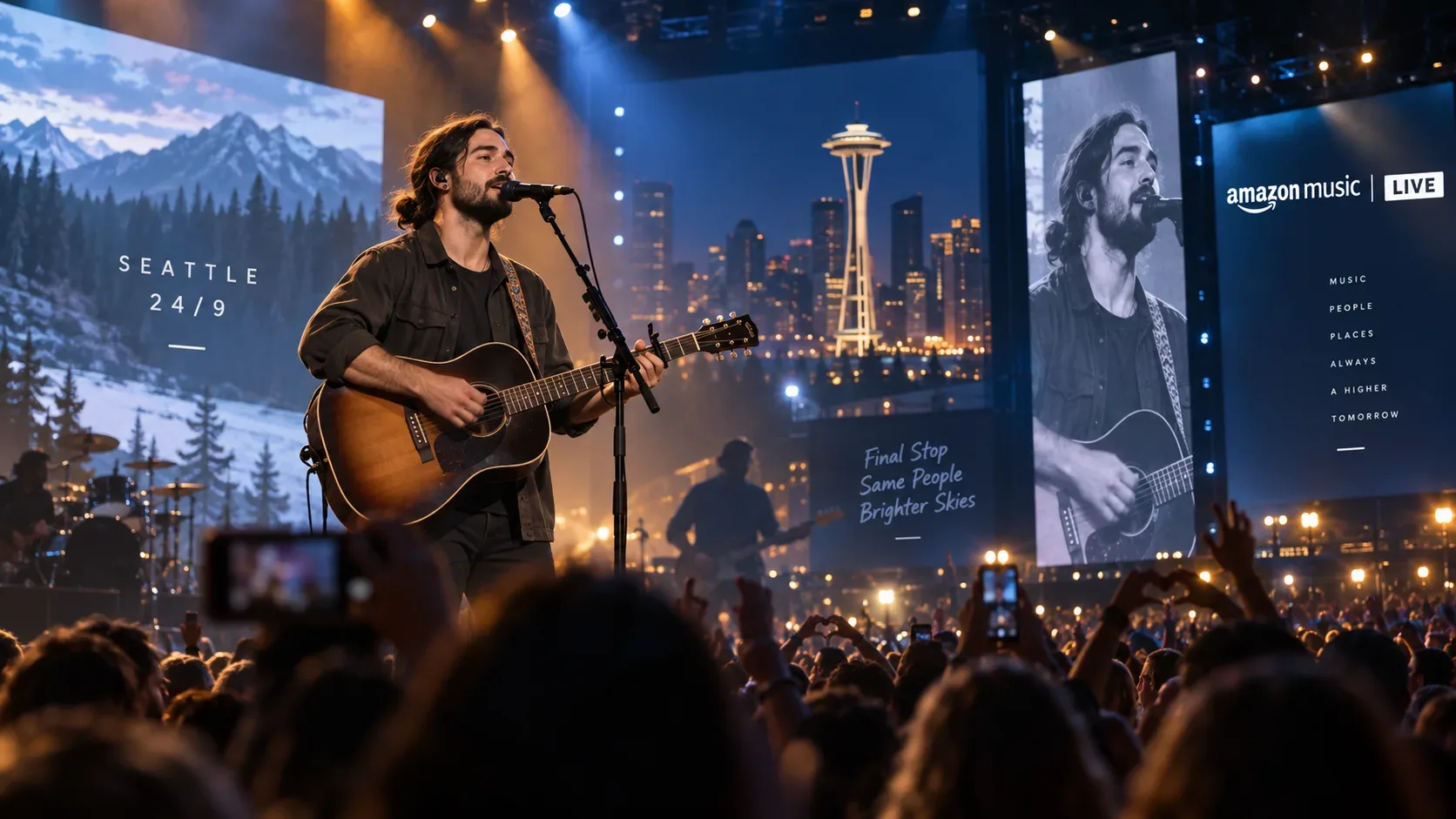 Cantor com violão no palco diante de uma grande plateia, com o skyline de Seattle e telas de transmissão ao fundo.