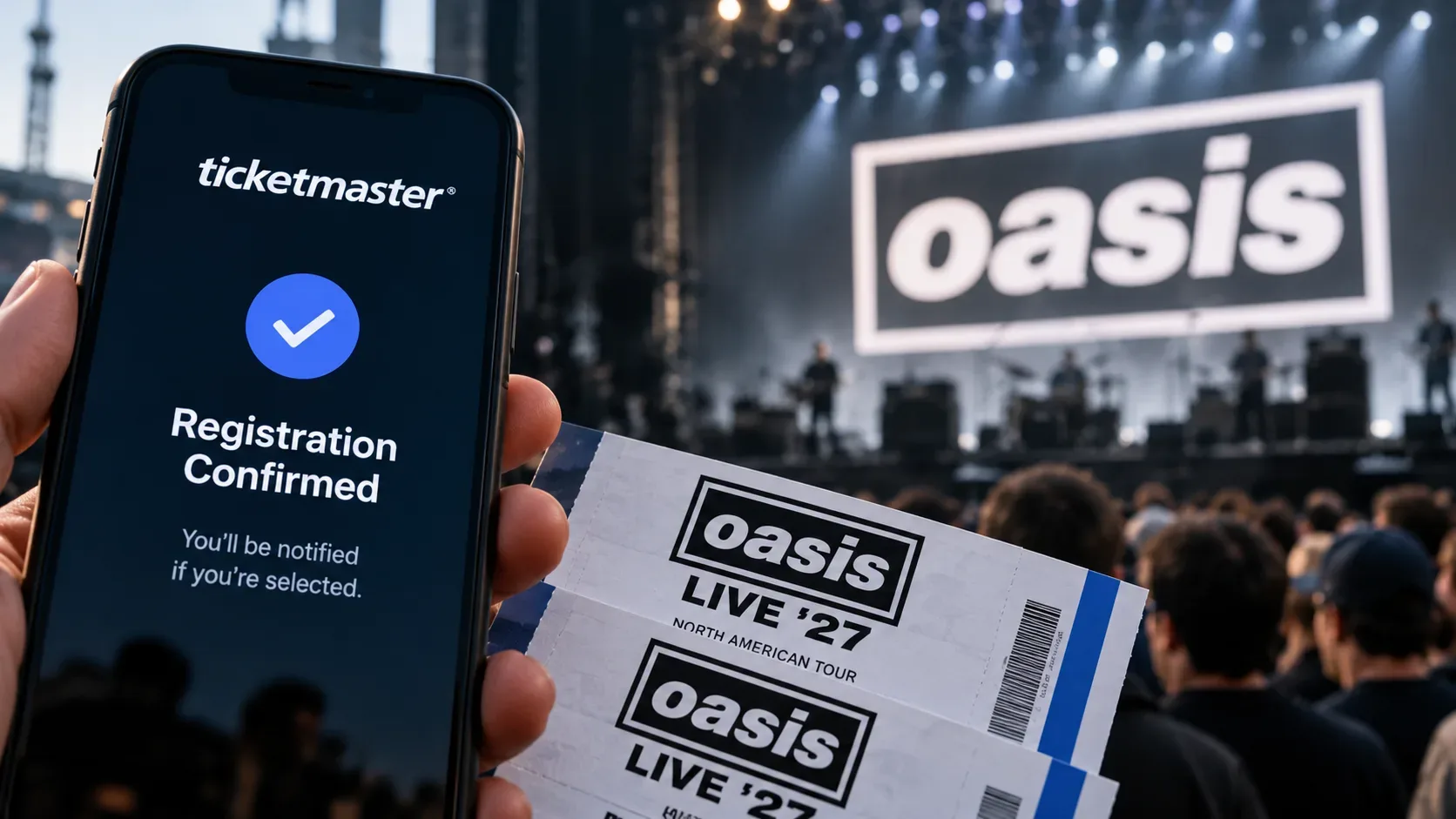 Mão segura smartphone com confirmação de registro da Ticketmaster e dois ingressos Oasis Live ’27 diante de um palco de show lotado.