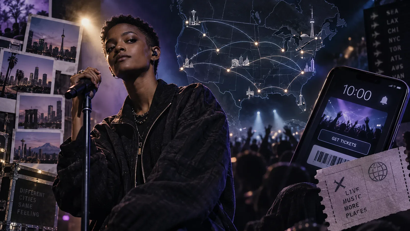 Artista em palco diante de um mapa da América do Norte com rotas iluminadas, celular com tela de ingressos marcando 10:00 e elementos de viagem e shows.