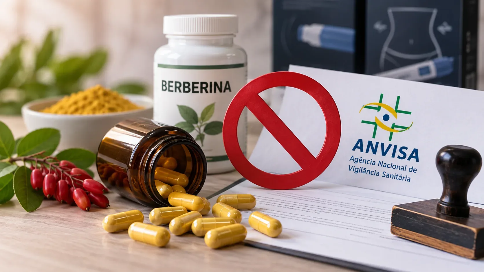 Frasco de berberina e cápsulas sobre uma mesa, com símbolo vermelho de proibição e documento da Anvisa ao fundo.